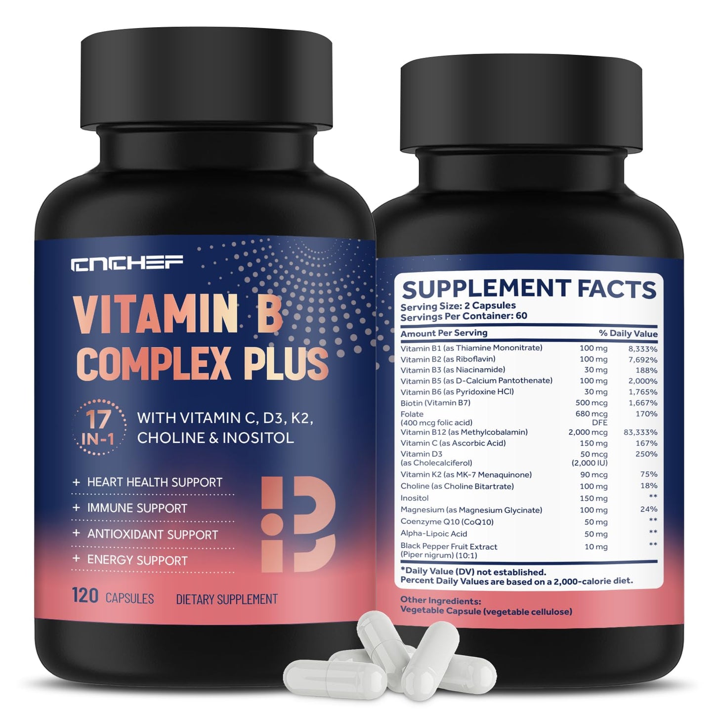CNCHEF 17-in-1 Vitamin B Complex Plus for Men & Women, Nerve Support, 120 Capsules