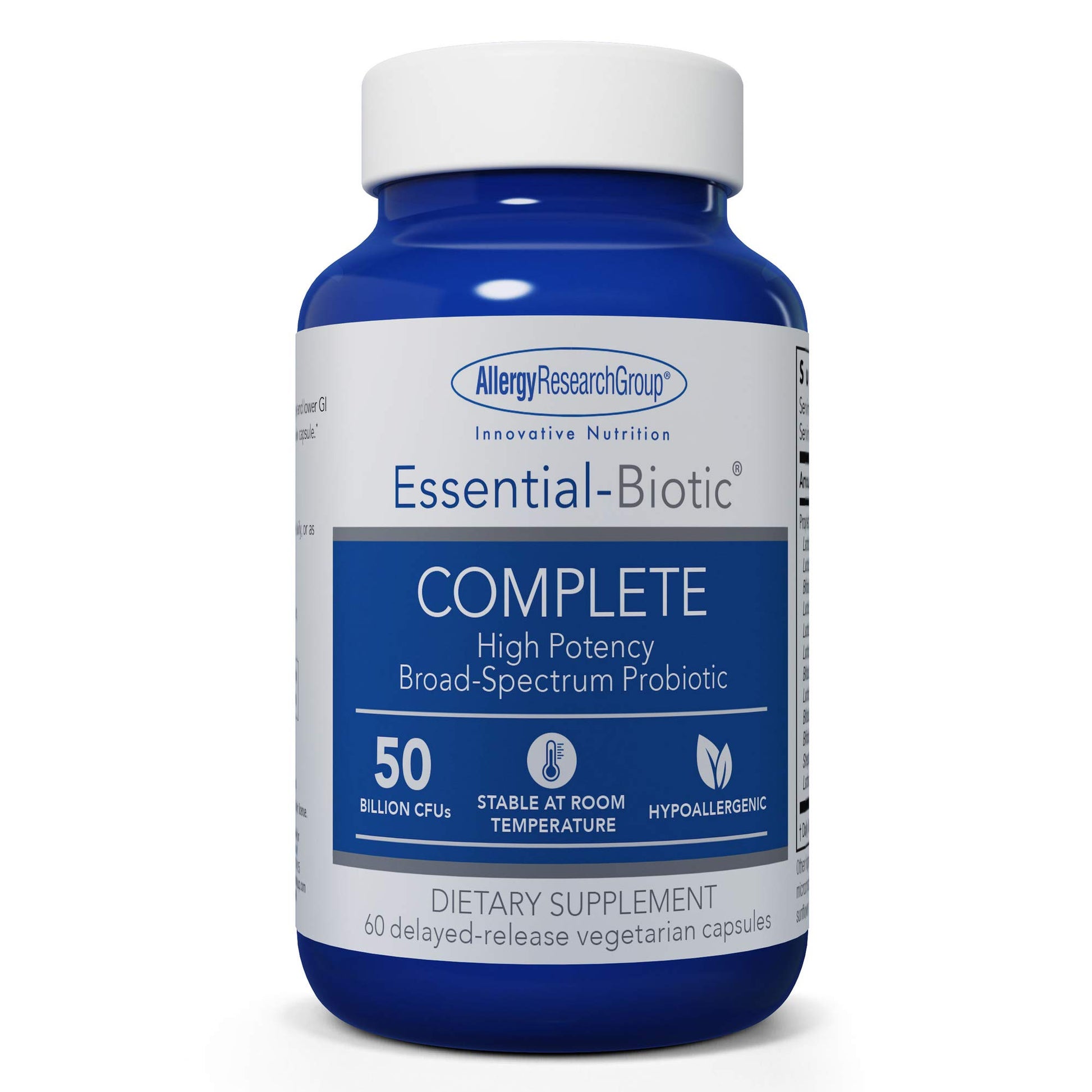 Allergy Research Group ARG Essential Biotic Complete - 50 Billion CFU Probiotic - Gut & Digestive Support - Delayed Release Capsules - Hypoallergenic - 60 Capsules