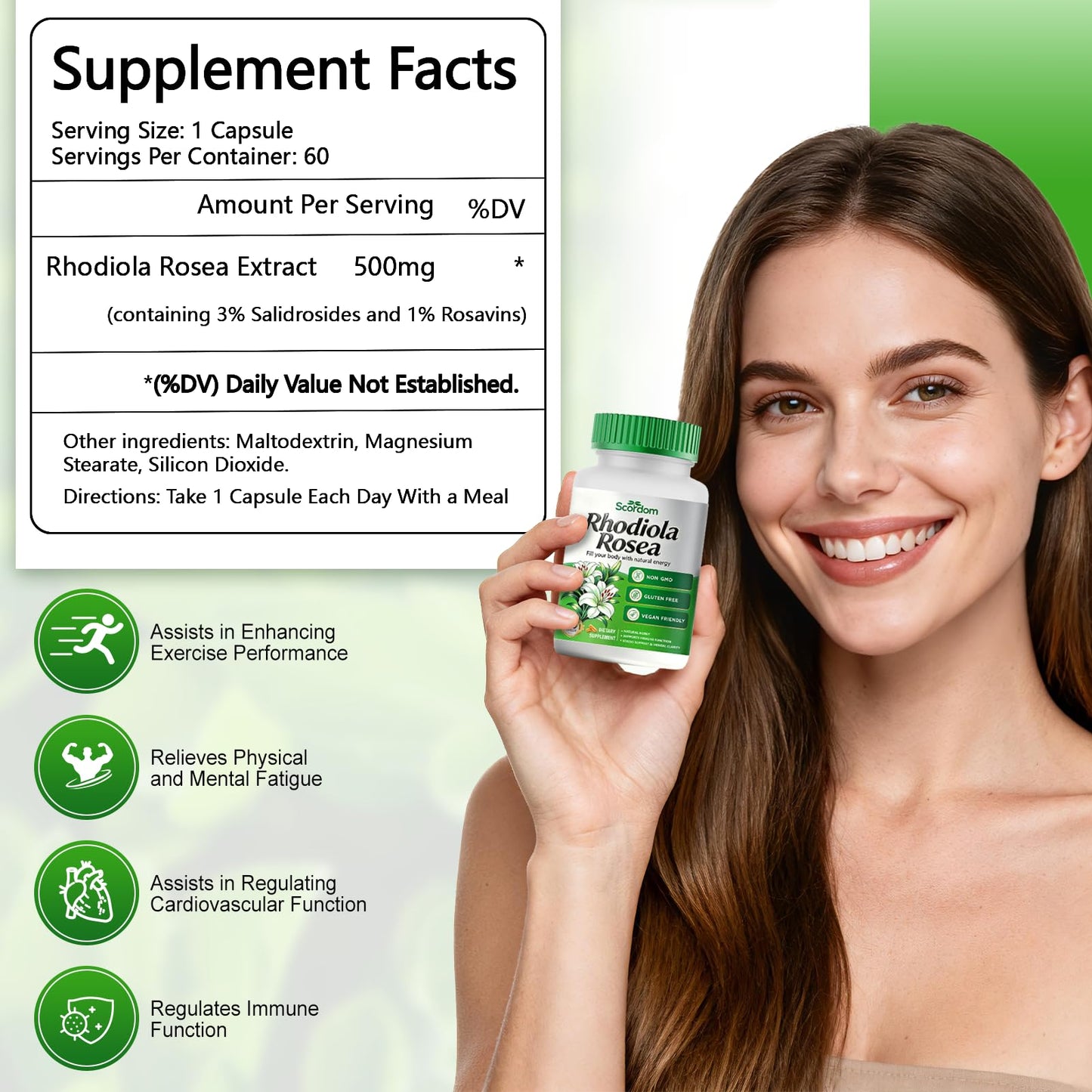SCORDOM Rhodiola Rosea Supplement –Rhodiola Rosea Extract Powder Alternative with Salidroside for Stress Support - Energy, Focus & Performance Capsule 1