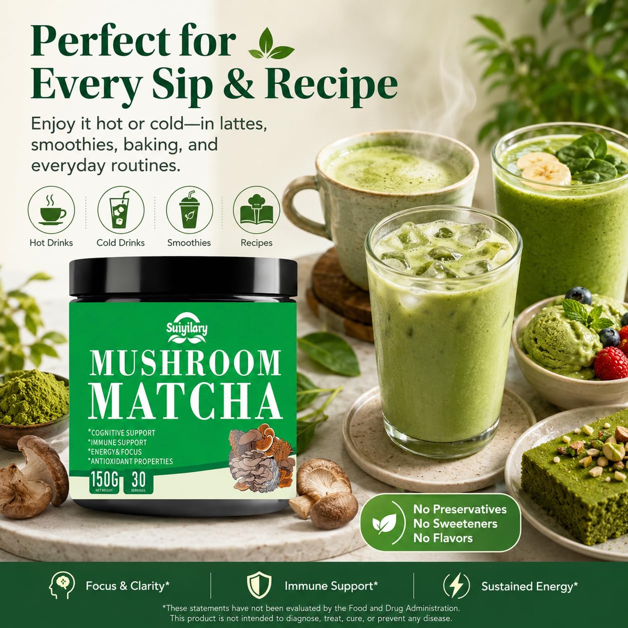 Suiyilary Mushroom Matcha Ceremonial Tea Powder with 7 Superfood Mushrooms, Gluten Free, 5.29 oz