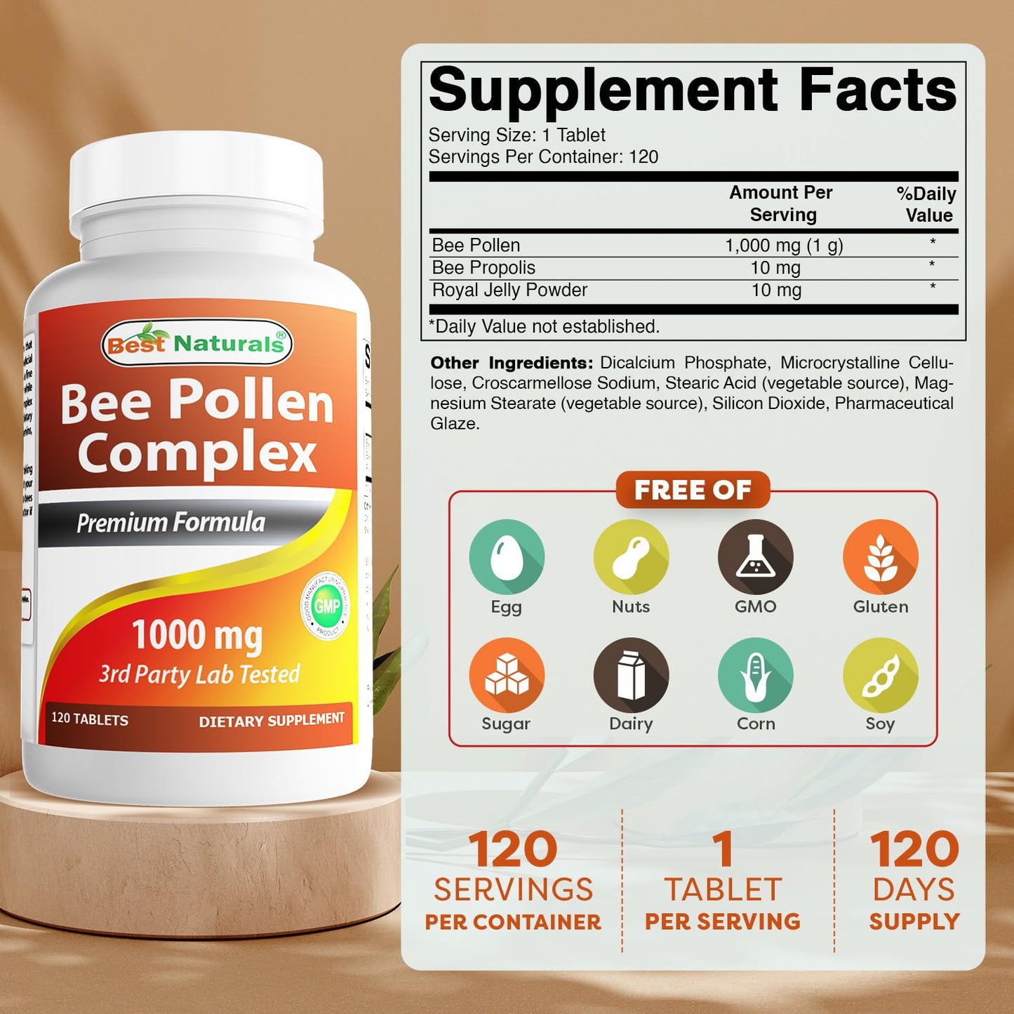 Best Naturals Bee Pollen Complex 1000 mg Tablets 240 Count