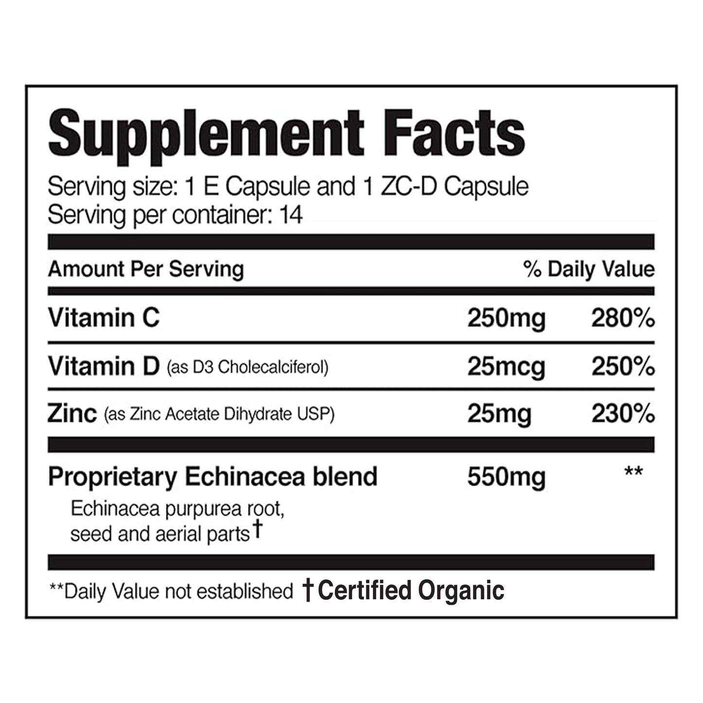 EZC Pak 5-Day Immune System Booster Echinacea Vitamin C & D Zinc Capsules, 2-Pack