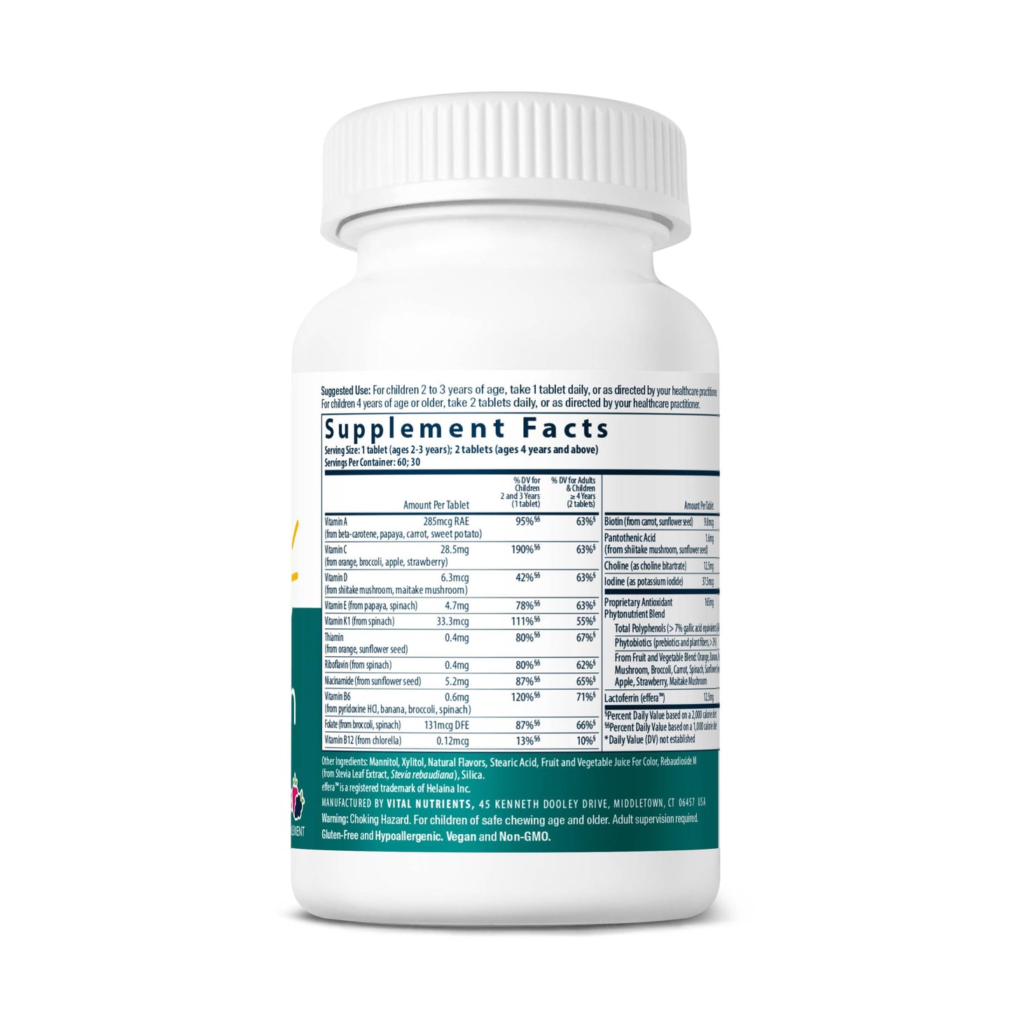 Vital Nutrients Mighty Multivitamin Without Iron Children's Multivitamin Tablets, 60 Count