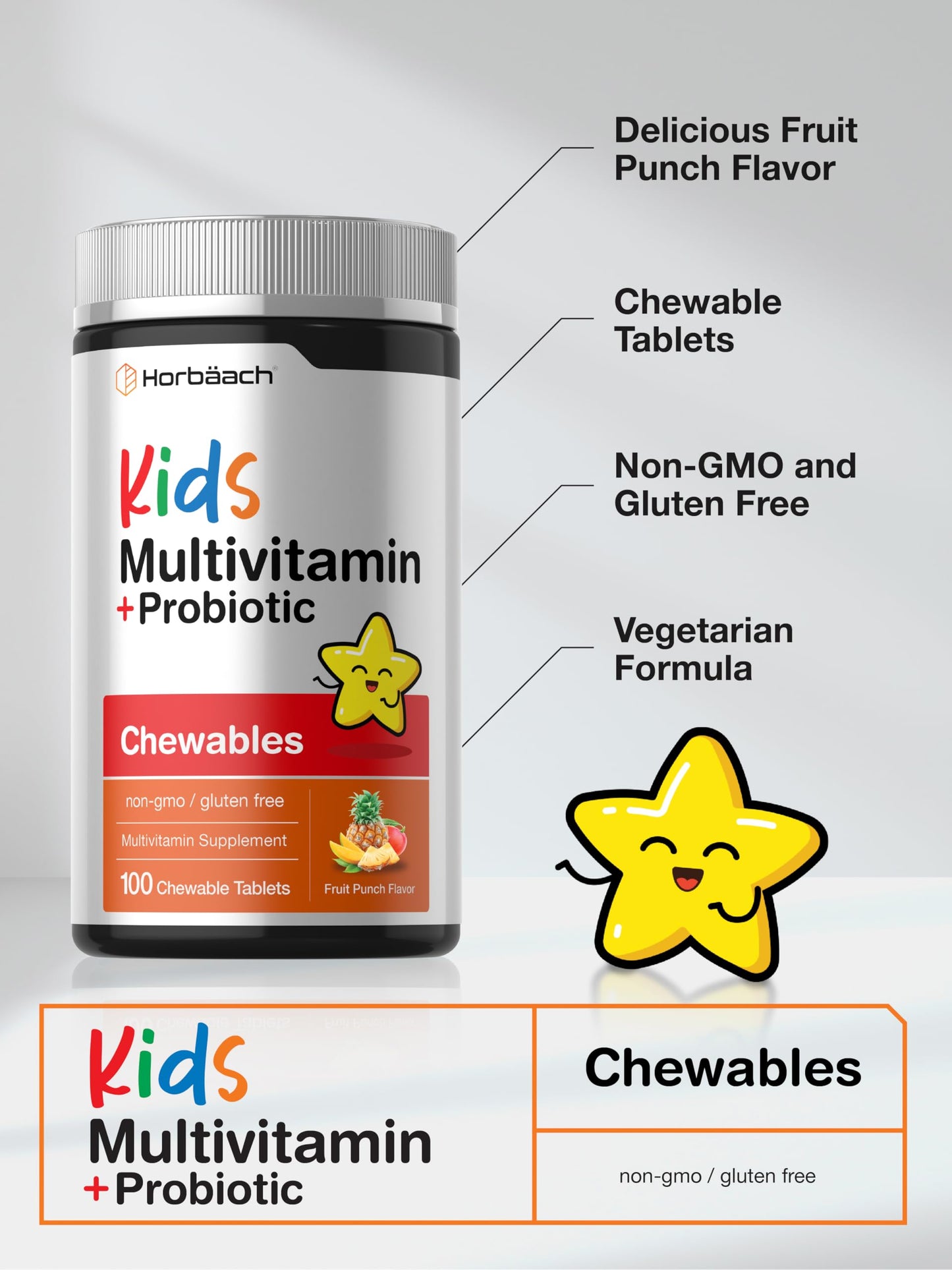 Horbäach Kids Multivitamin with Probiotics Chewable Tablets, 100 Count