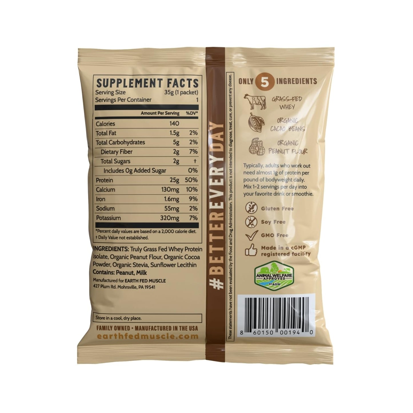 Earth Fed Muscle Peanut Butter Cup Irish Grass Fed Whey Protein Isolate Powder, 1.23 Ounce