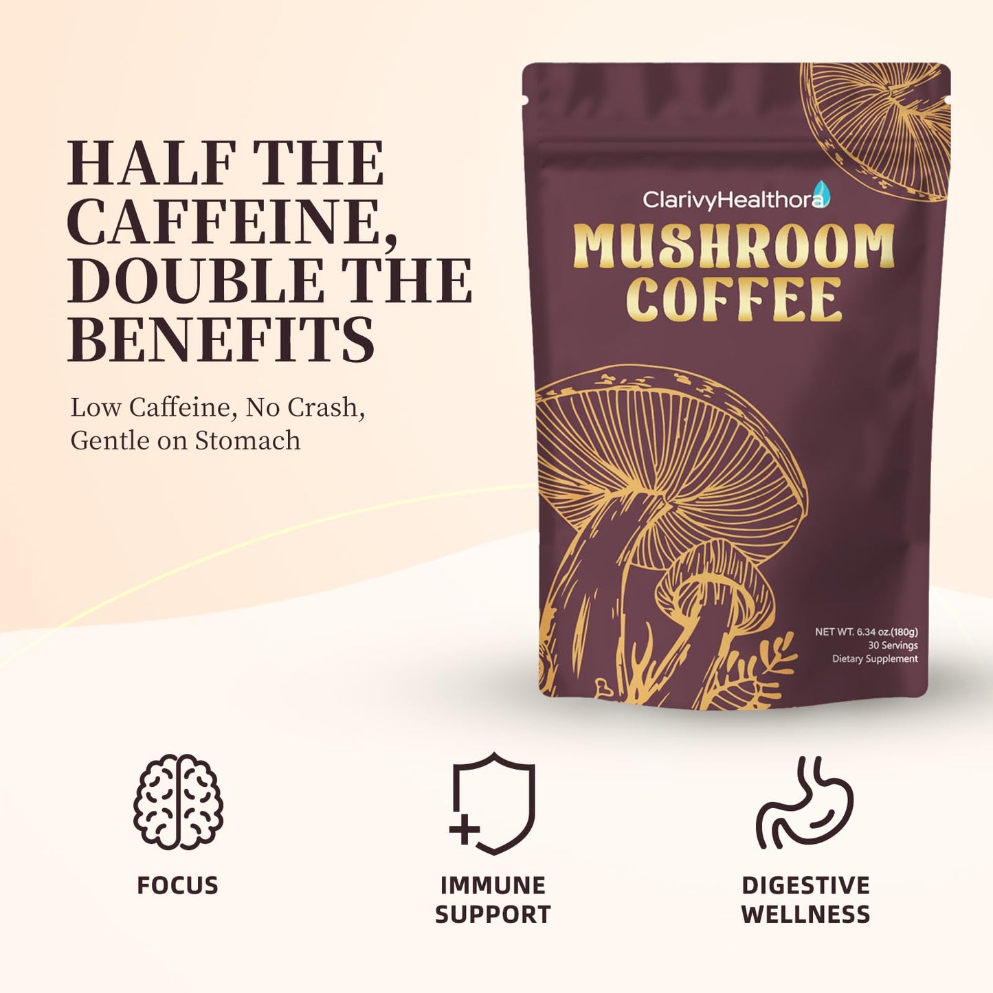 ClarivyHealthora Instant Mushroom Coffee Powder with Lions Mane & Turkey Tail, 6 Adaptogenic Mushrooms, 6.34 oz