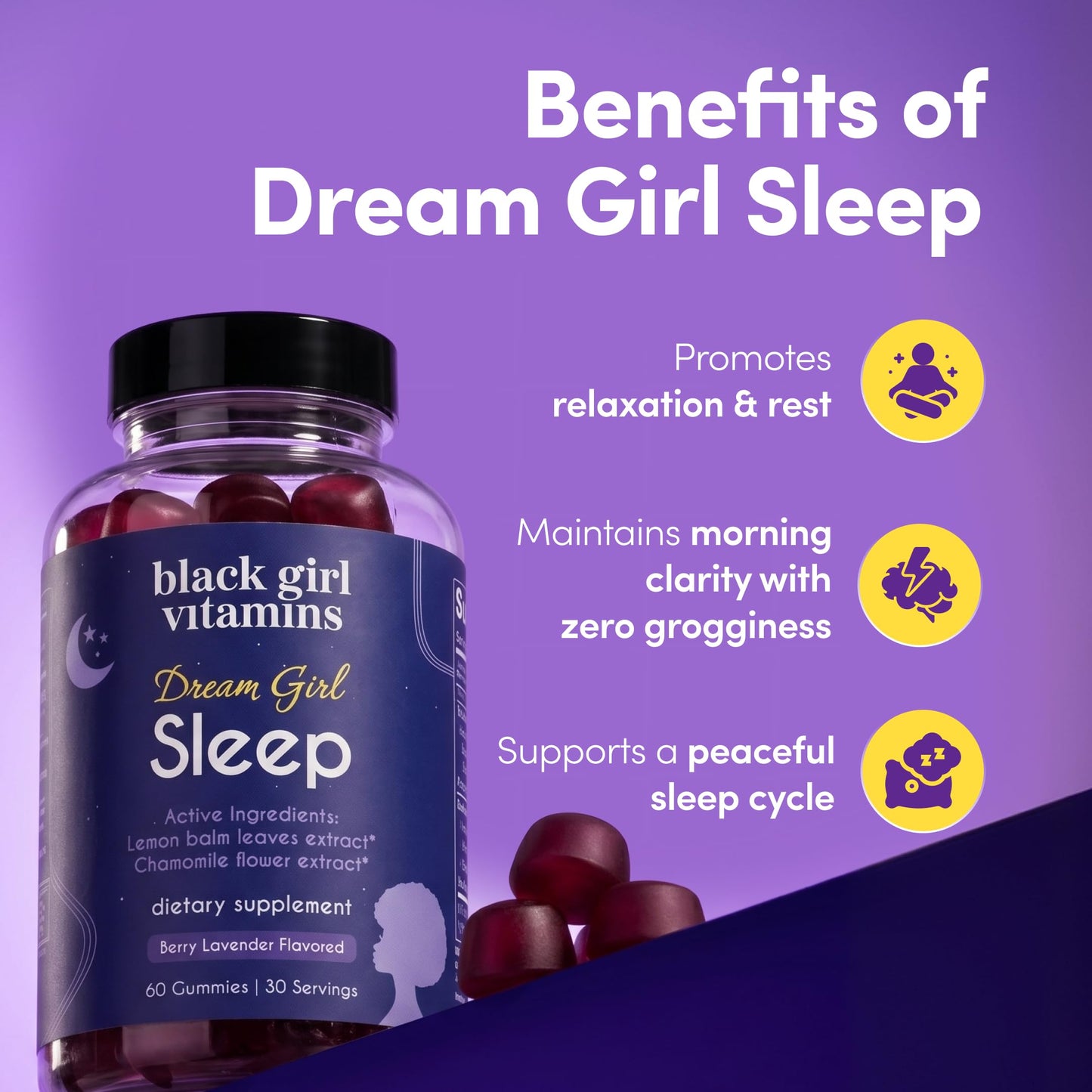 Black Girl Vitamins Sleep Gummies – Targeted Rest & Recovery Formula – Promotes Deep Relaxation, Supports Calm Midlife Tension, and Reduces Sleeplessness, 60 Gummies