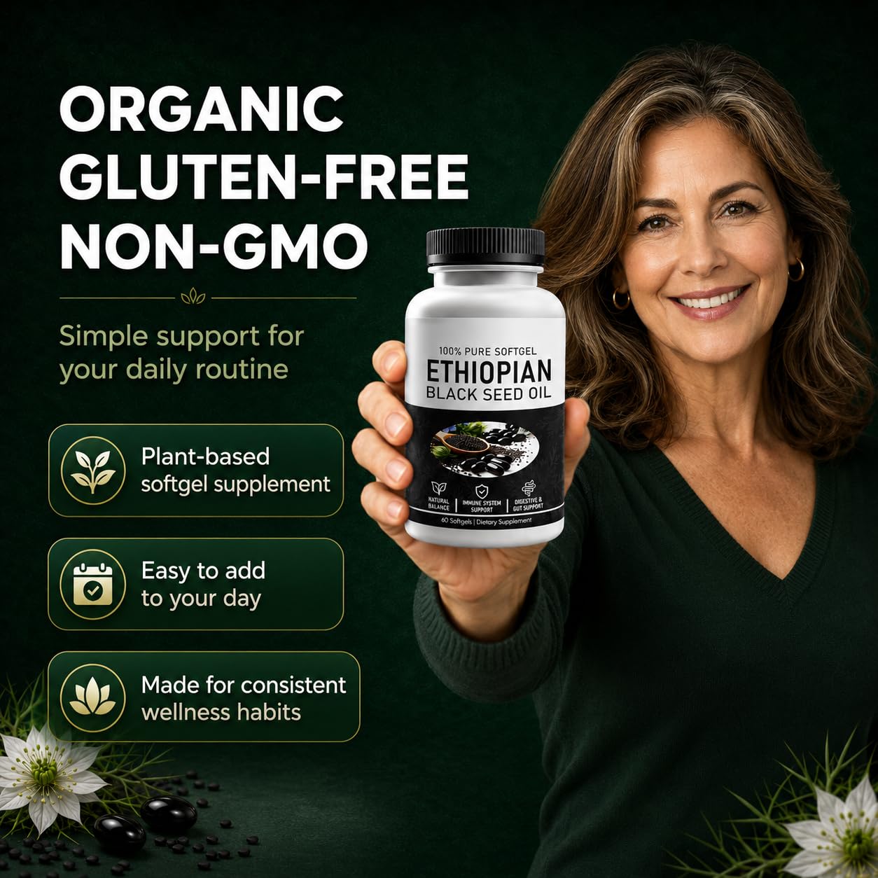 Paradise Emerald Ethiopian Black Seed Oil Softgels with 4.64% Thymoquinone, Cold-Pressed, Non-GMO, Gluten-Free, Daily Immune and Digestive Support, 60 Softgels