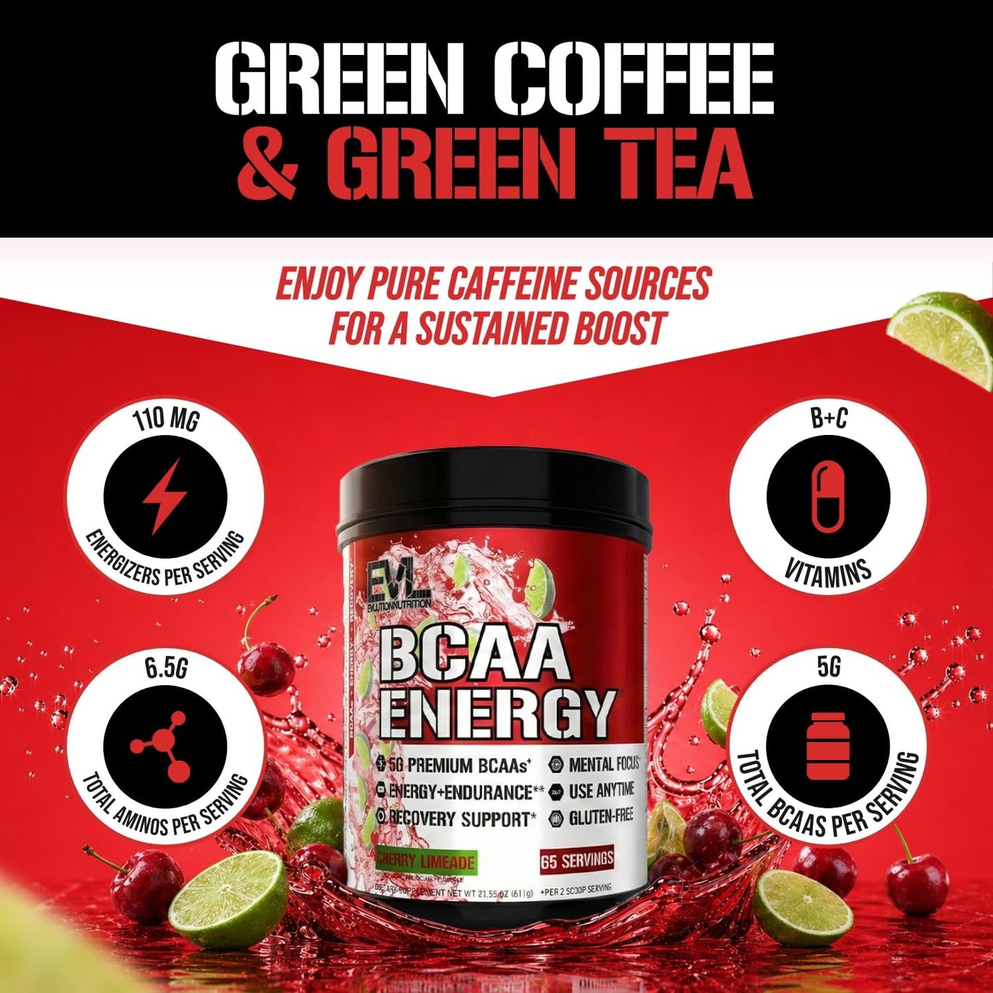 EVL BCAAs Amino Acids Powder, 65 Servings, Cherry Limeade