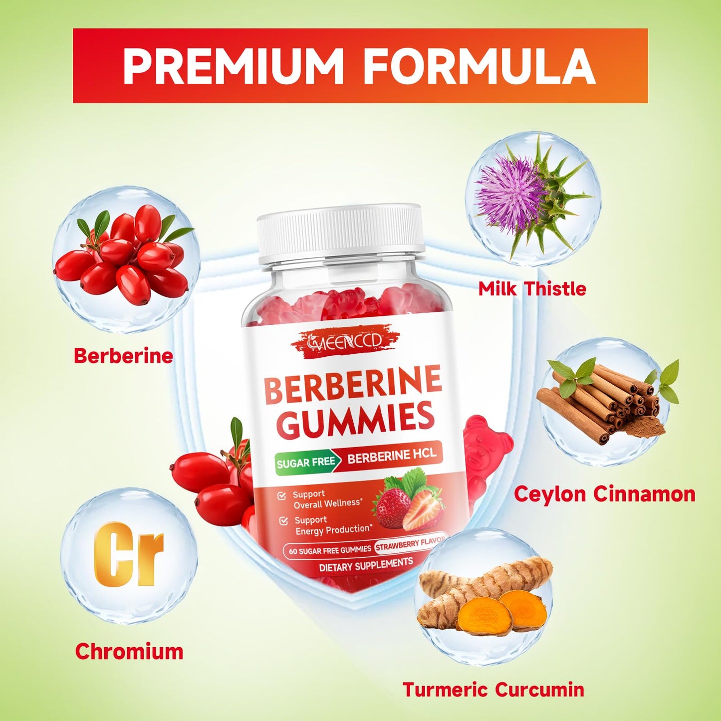 MEENCCD Berberine Gummies with Ceylon Cinnamon, Berberine HCL Immune Support, 120 Count