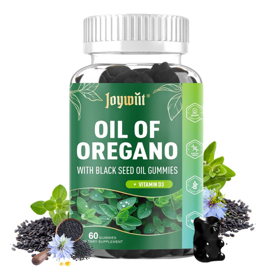 Joywiit Oregano Oil Gummies with Black Seed Oil + Vitamin D3 1000IU, Vegan, Non-GMO, 60 Gummies