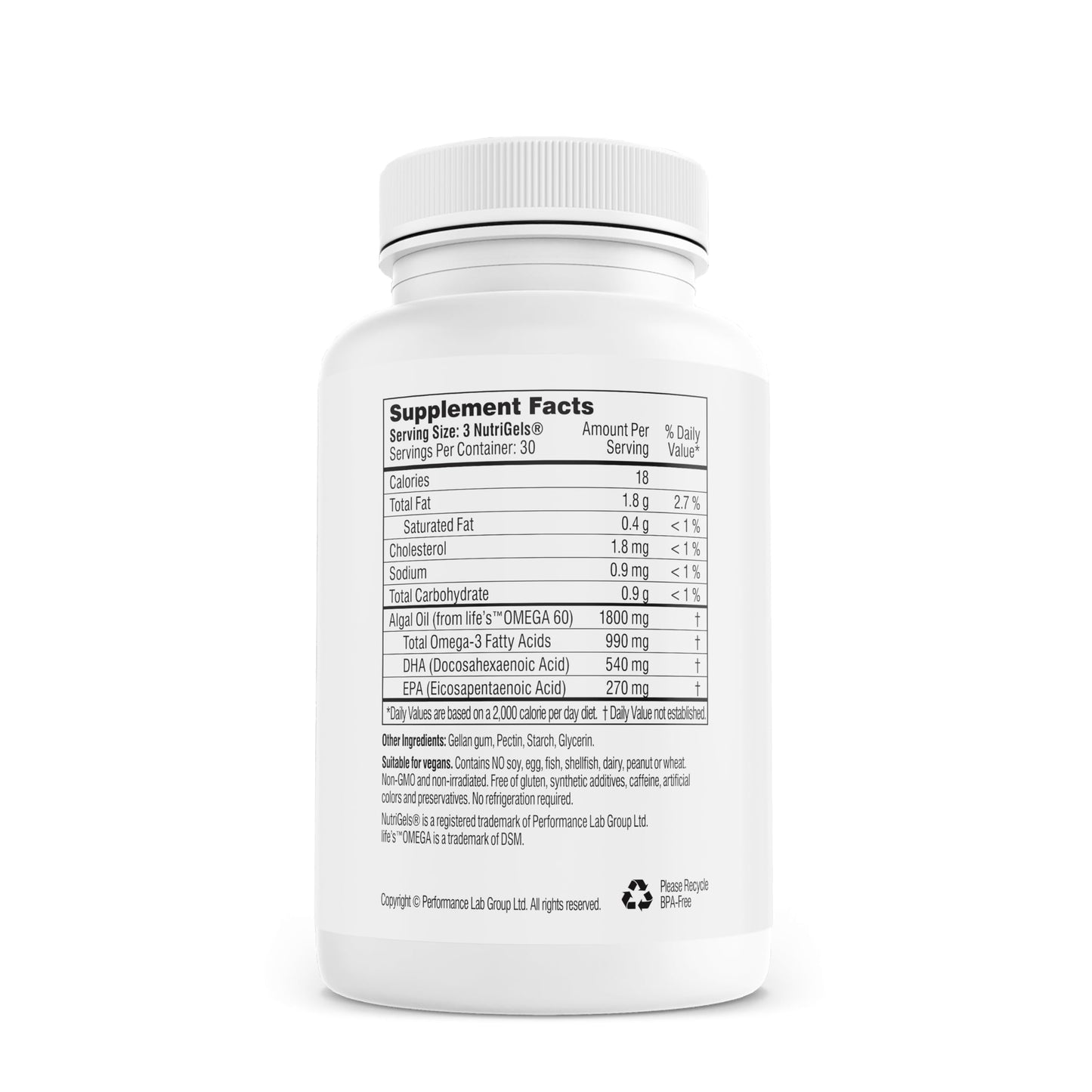 Performance Lab Omega-3 Dietary Supplement from Algae Softgels 90