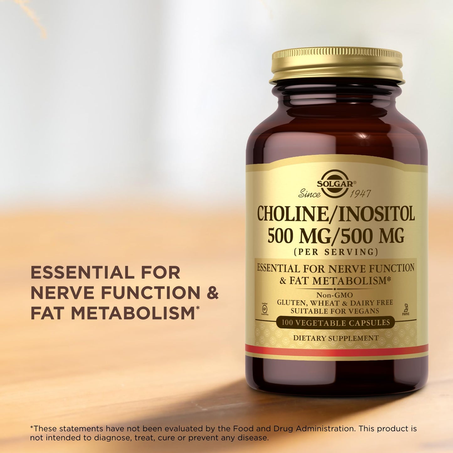 Solgar Choline/Inositol 500 mg/500 mg Vegetable Capsules, 200 Count