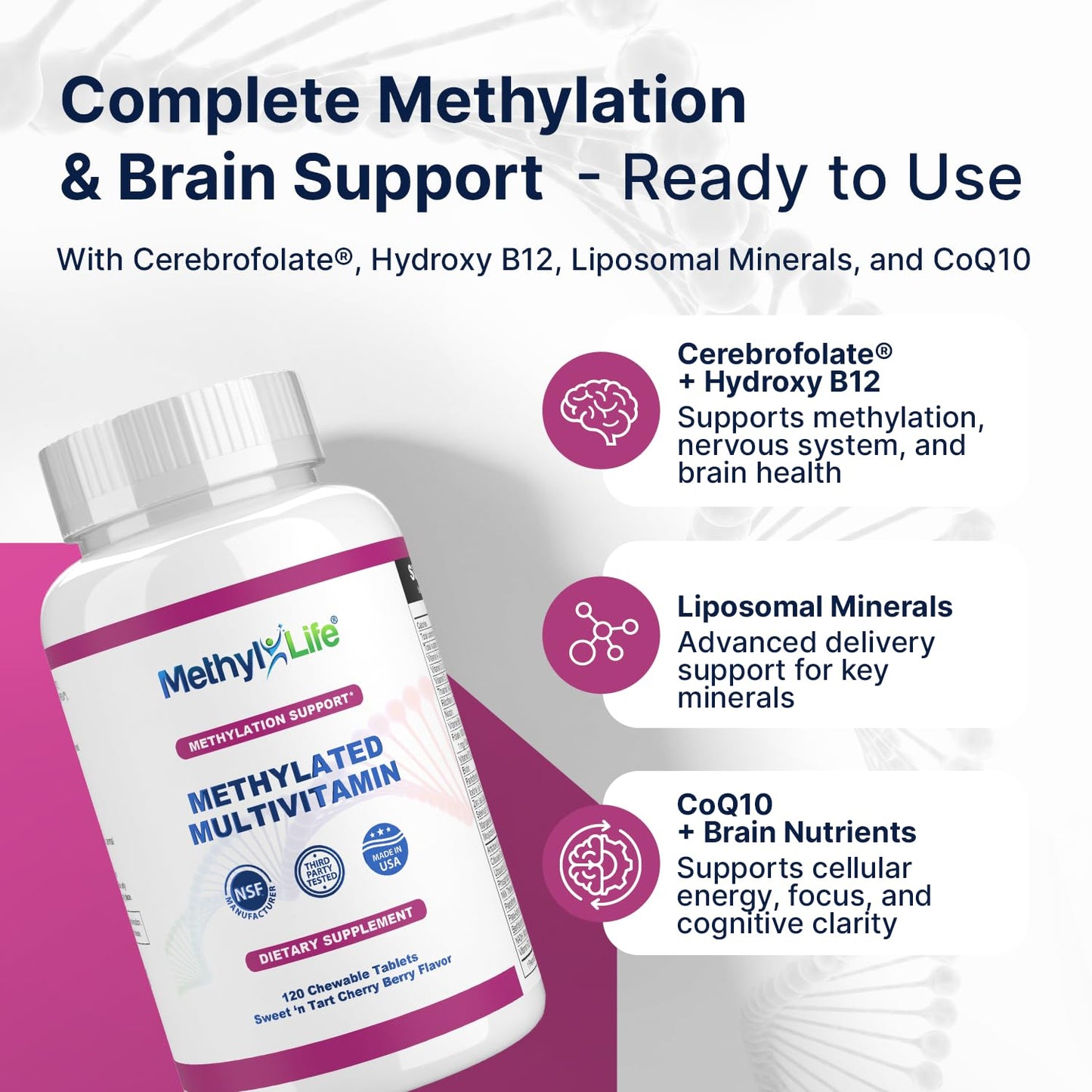 Methyl-Life Methylated Multivitamin – Chewable Multi with Active Folate (Cerebrofolate®) & B12 – High Absorption, Vegan, Non-GMO, Gluten-Free, 120 Tablets