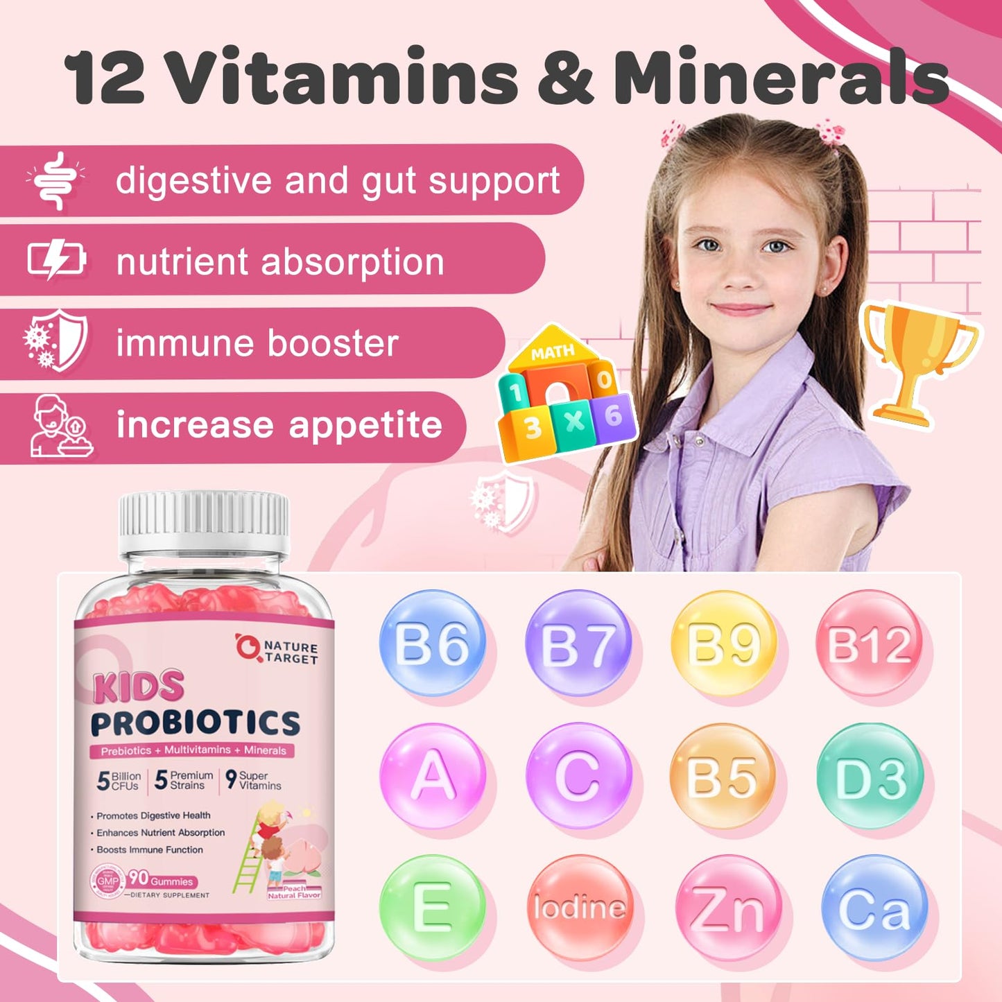 Nature Target Probiotics for Kids, Children's Probiotic-Multivitamin Gummies with 5 Billion CFUs for Digestive Health & Immune Support, with Vitamins, Prebiotics, Minerals, Natural Peach Flavor, 90 Count