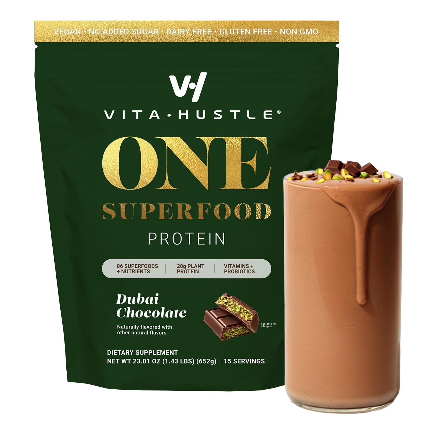VitaHustle ONE Vegan Dubai Chocolate Protein Powder 24 Ounce