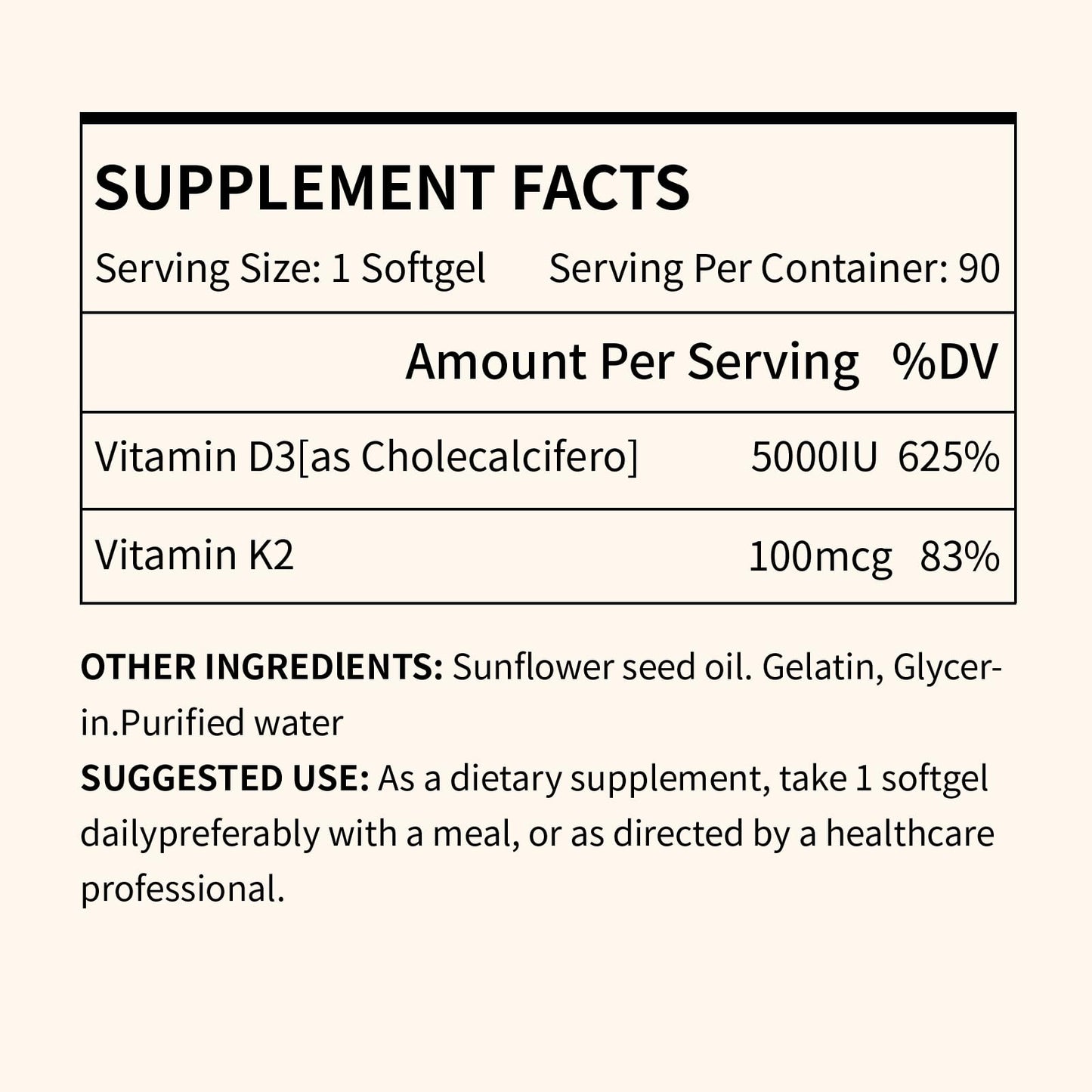 MISS PEP Vitamin D3 K2, 5000 IU D3 and 100 mcg K2 (MK-7), 180 Capsules