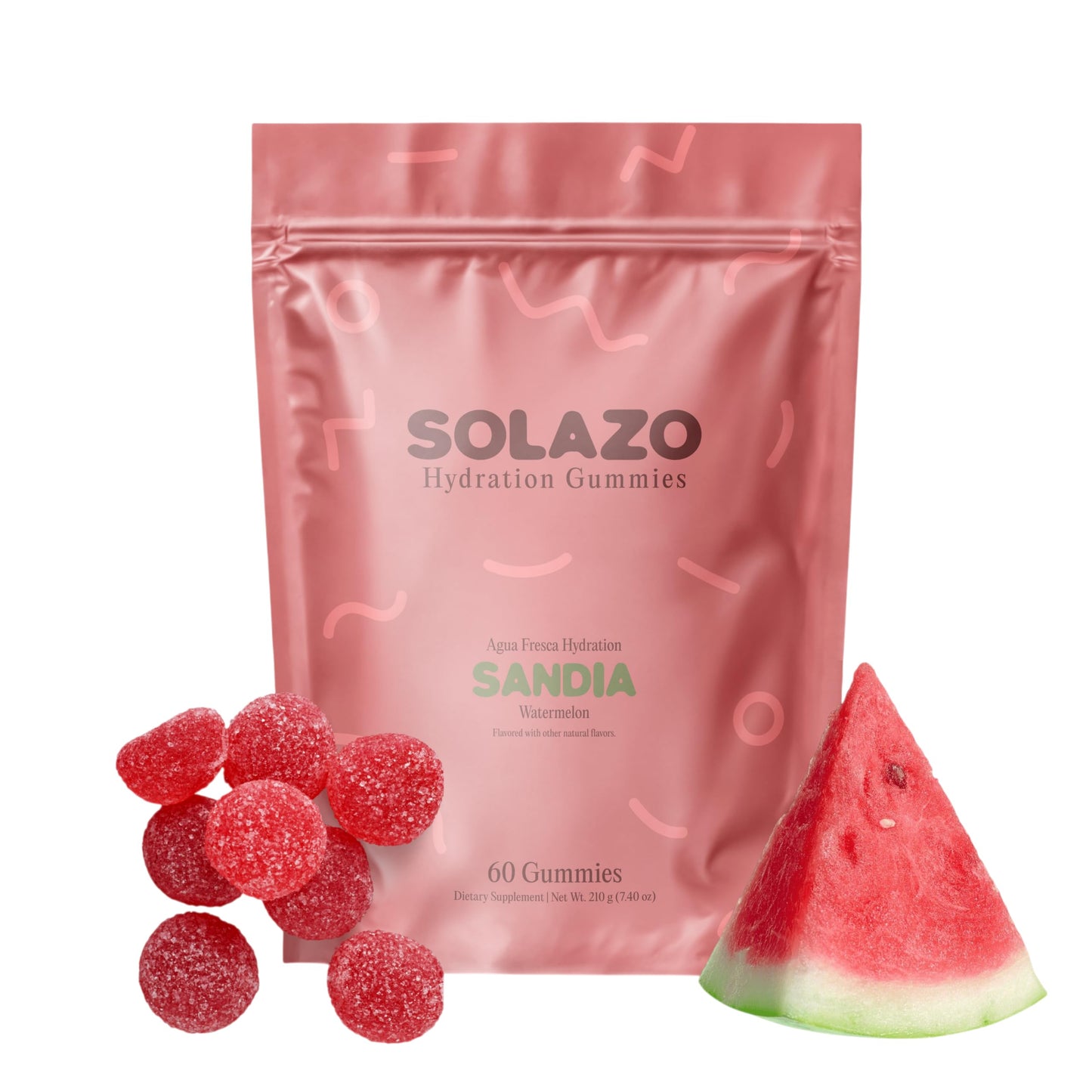 Solazo Hydration Gummies Agua Fresca Electrolyte Gummies with Potassium, Sodium, Magnesium, Calcium & Chloride, Vegan Gluten Free Non-GMO, Sandia Watermelon, 60 Count