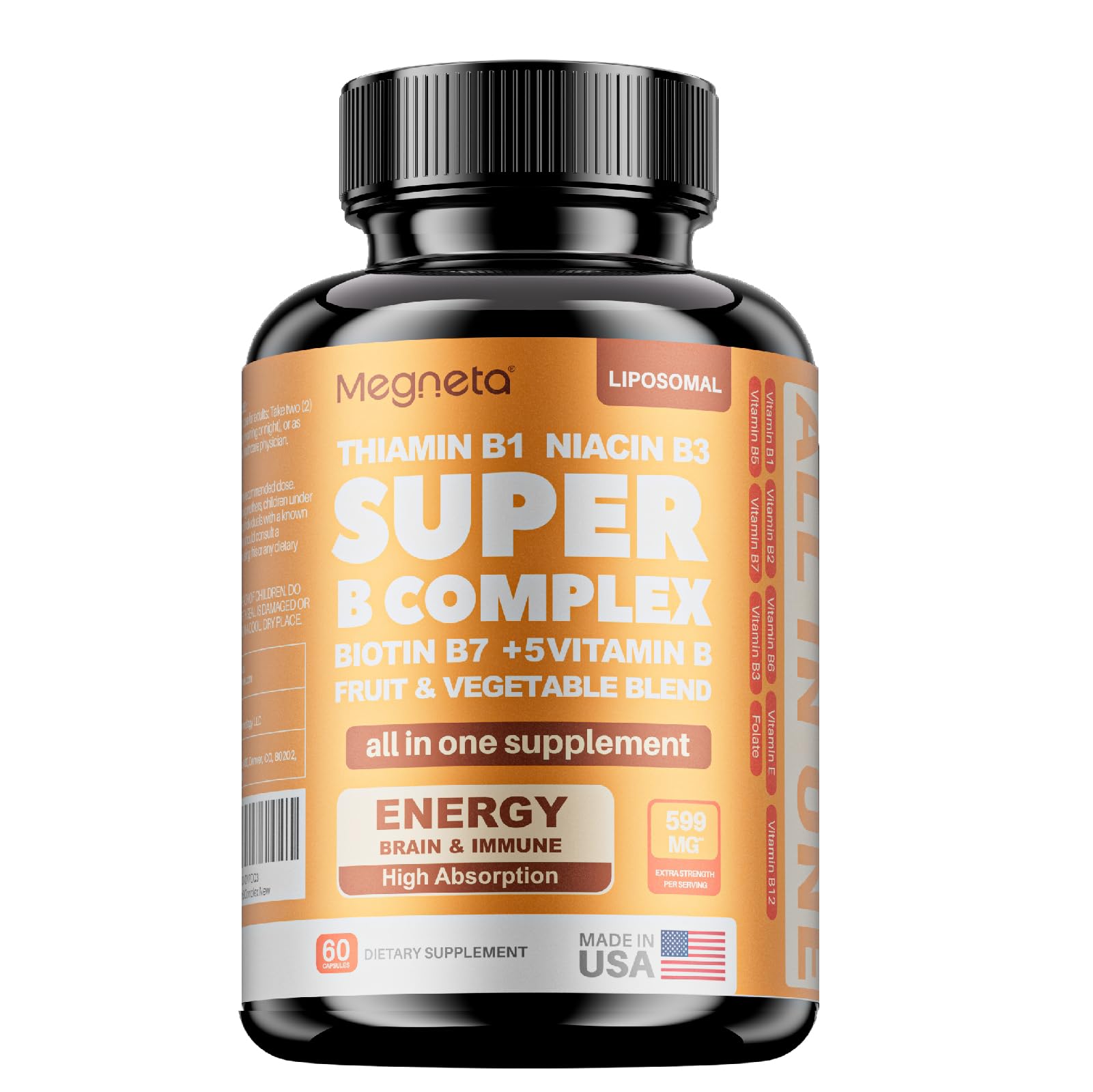 MEGNETA Vitamin B Complex for Men & Women - Fruit & Vegetable Blend, B-Complex with B1, B2, B3, B5, B6, B7, B12, Vitamin E & Folate, Energy, Brain & Heart Support, 60 Capsules