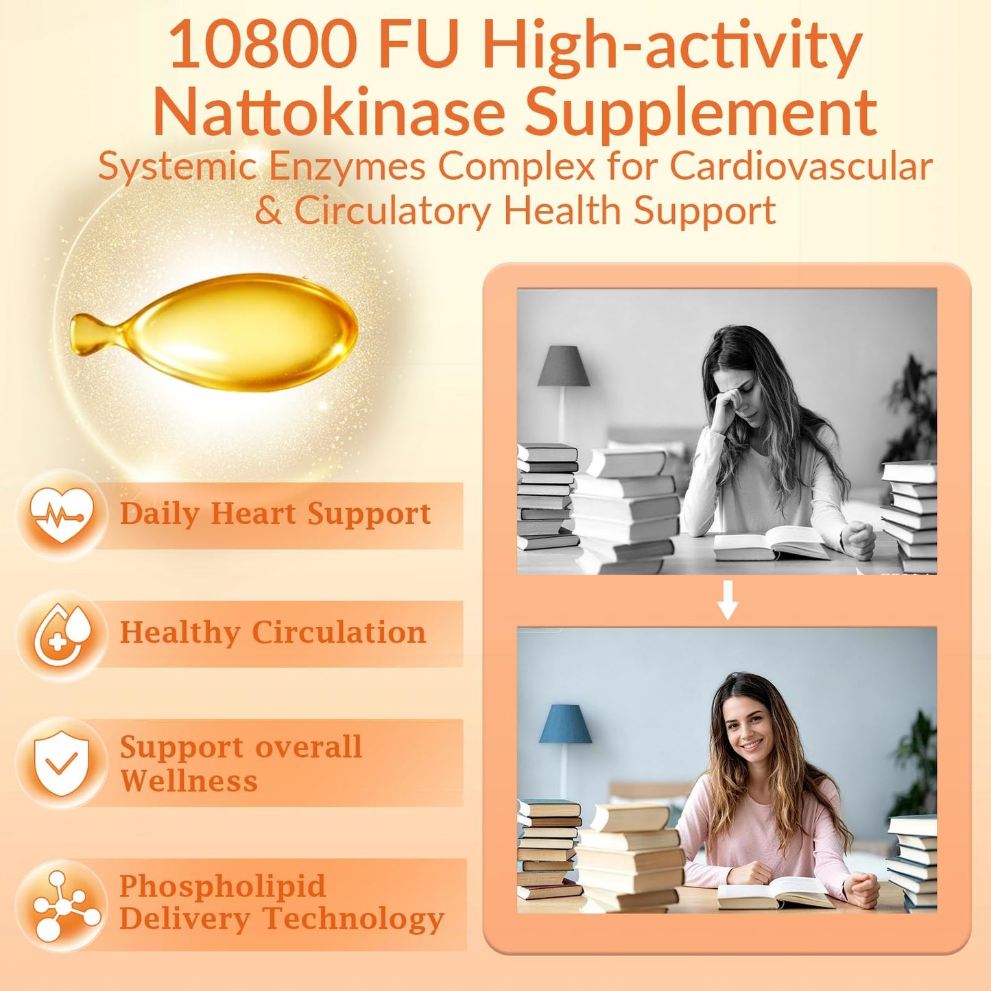 Hotopingre Liposomal Nattokinase 10800 FU Nattokinase Serrapeptase Enzyme Blend with Bromelain Curcumin CoQ10 K2 MK7 Softgels, 90 Count