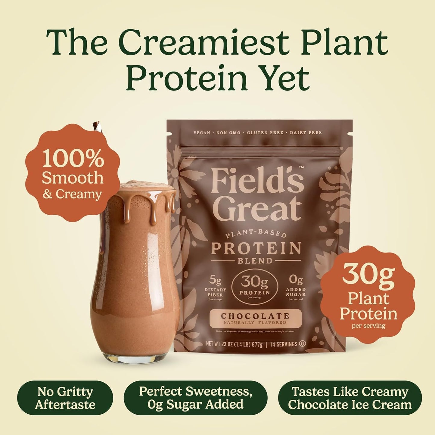 Field's Great Plant-Based Protein with Fiber Protein Powder, Chocolate, 6.8 oz (Pack of 4)