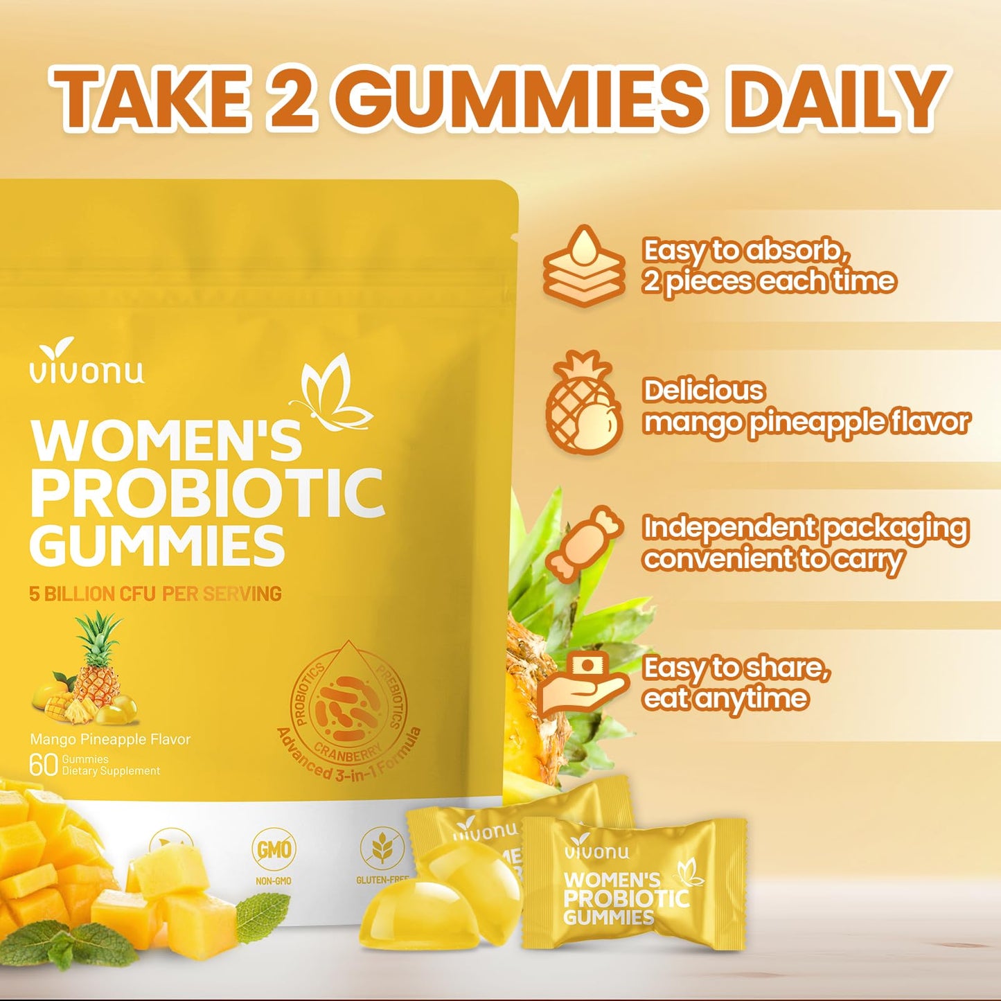 VivoNu Pineapple Probiotic Gummies for Women Gummy 180 Count