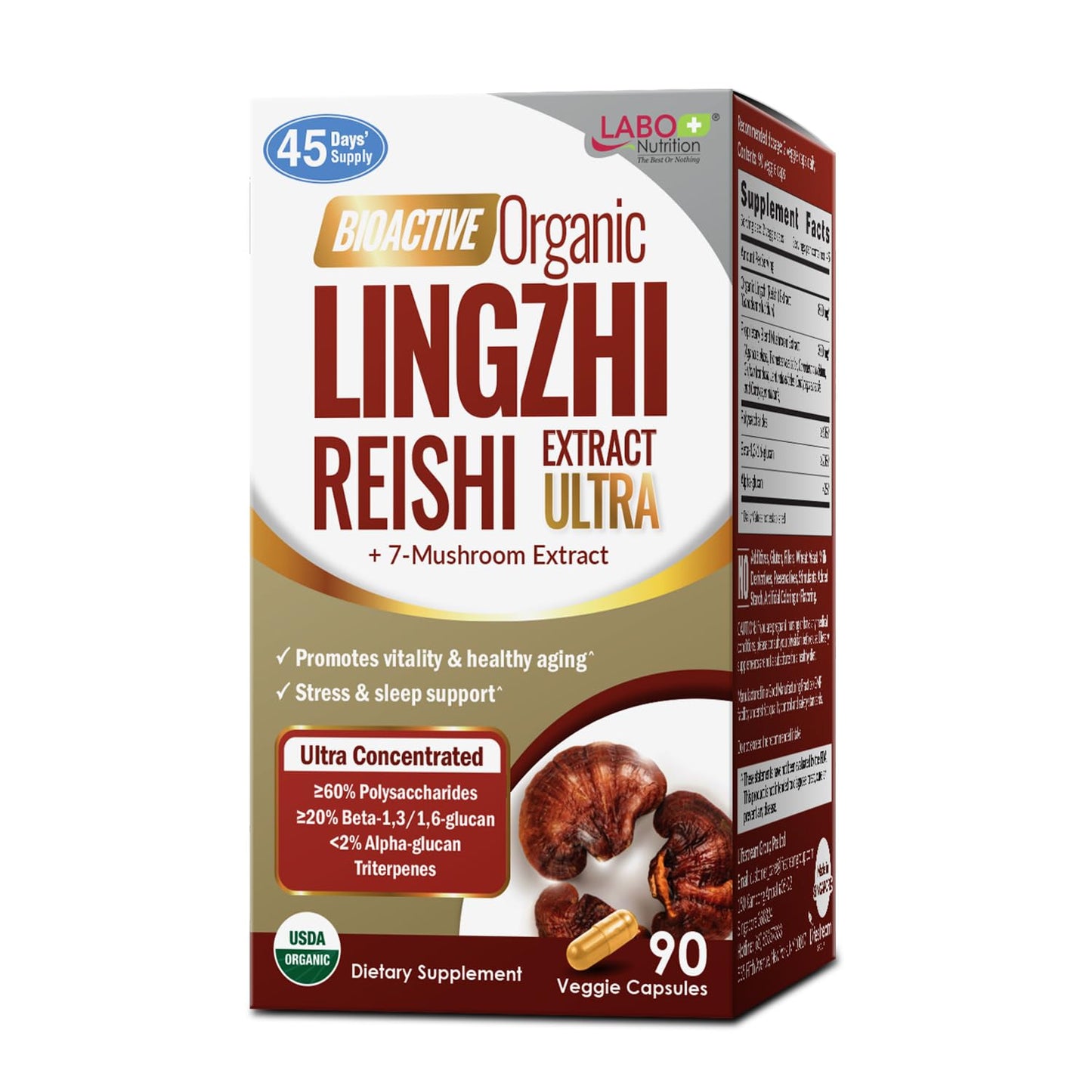 LABO Nutrition Bioactive Organic Lingzhi Reishi - Ultra 7 Mushroom Extract Supplement with Cordyceps & Maitake, 90 Capsules