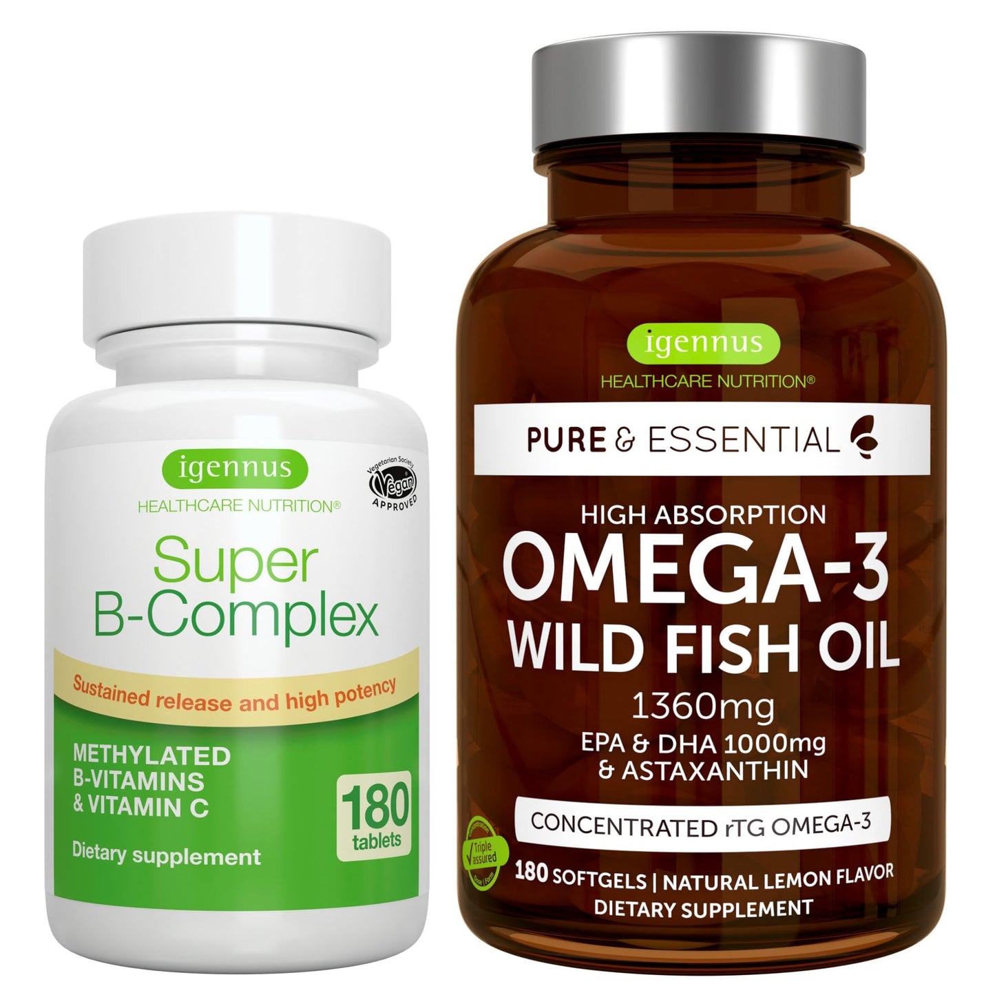 Igennus Healthcare Nutrition Super B-Complex & Omega-3 Bundle, 360 Tablets