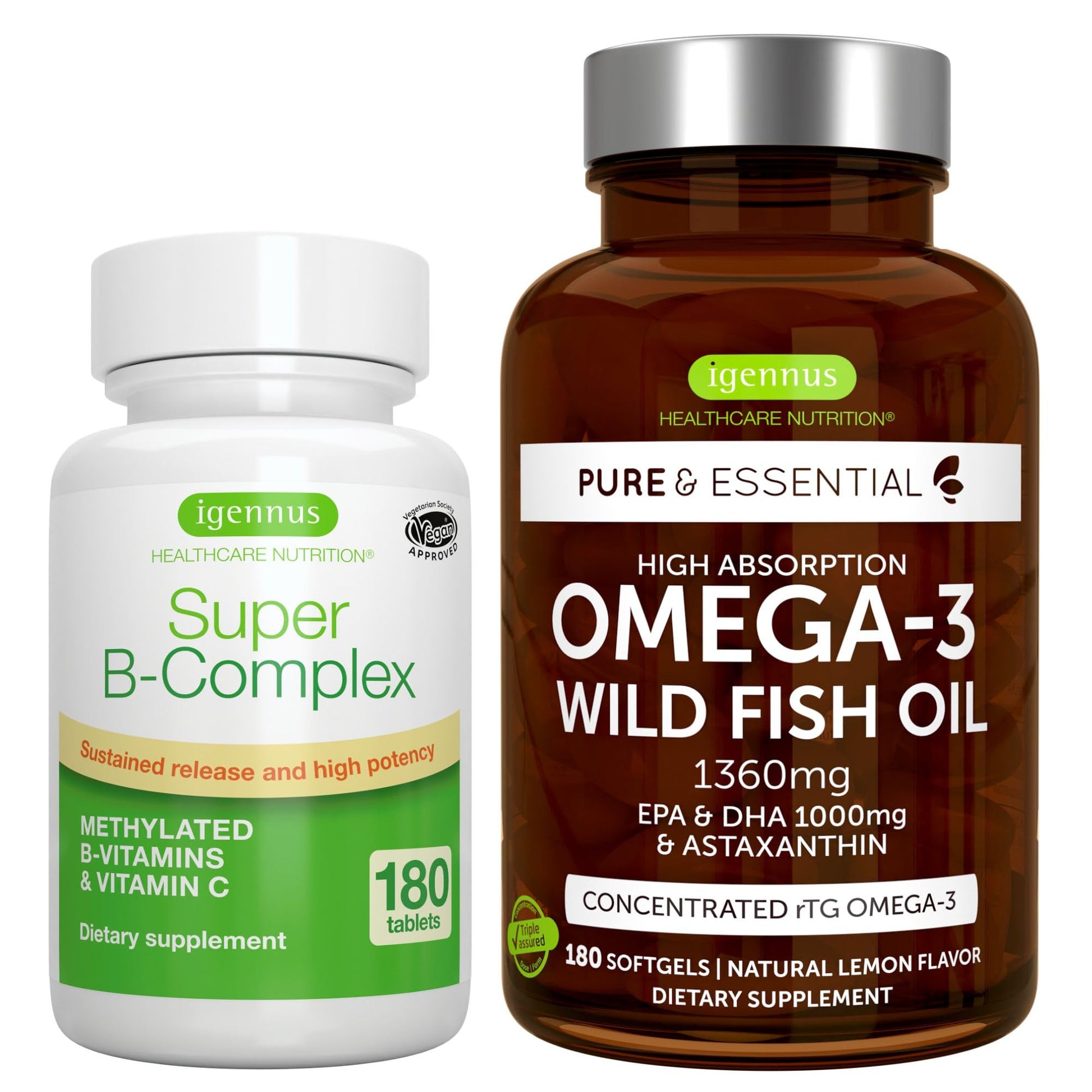 Igennus Healthcare Nutrition Super B-Complex & Omega-3 Bundle, 360 Tablets