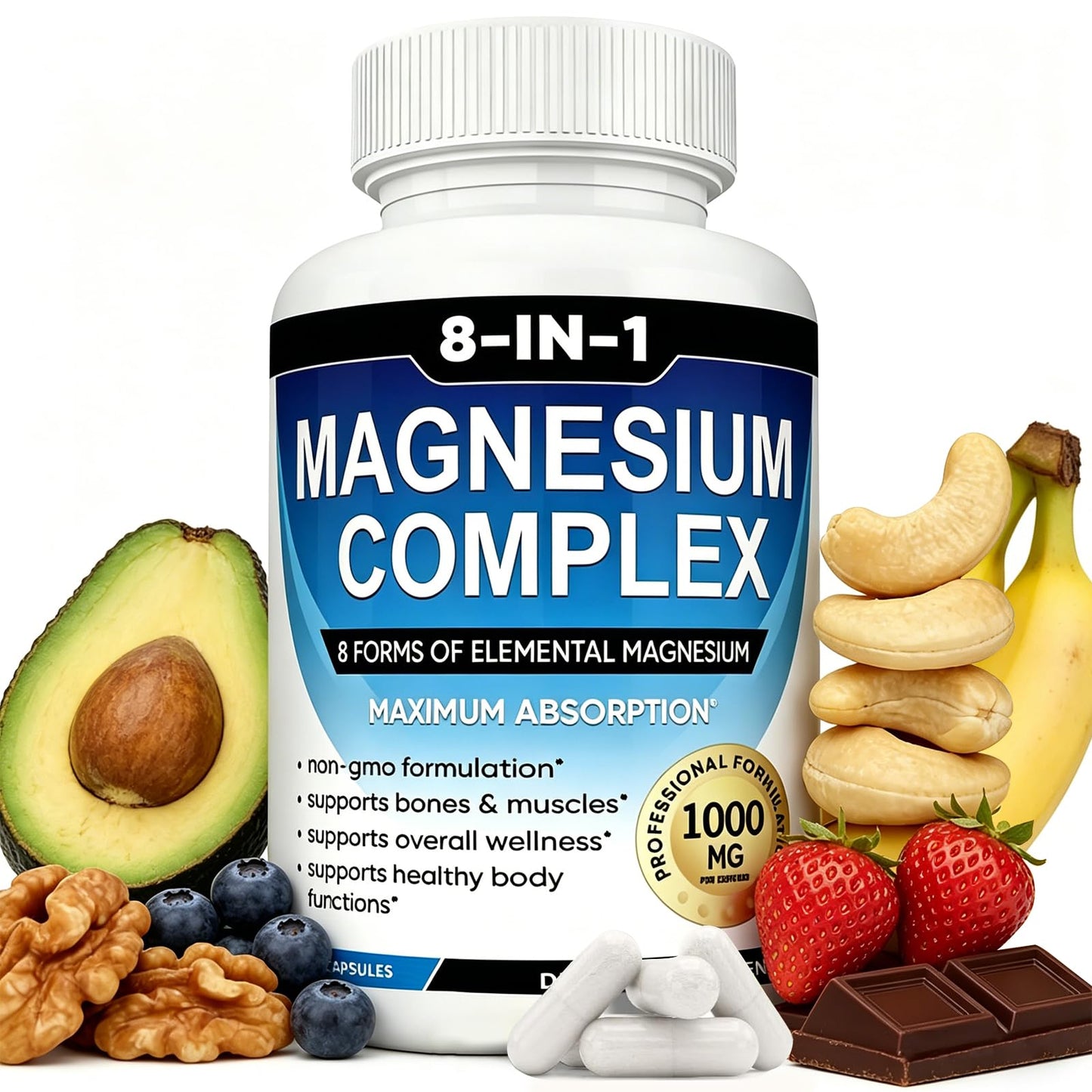 MIRACLE OFFICIAL Magnesium Complex 8-in-1 Elemental 1000mg Capsules, 90 Count