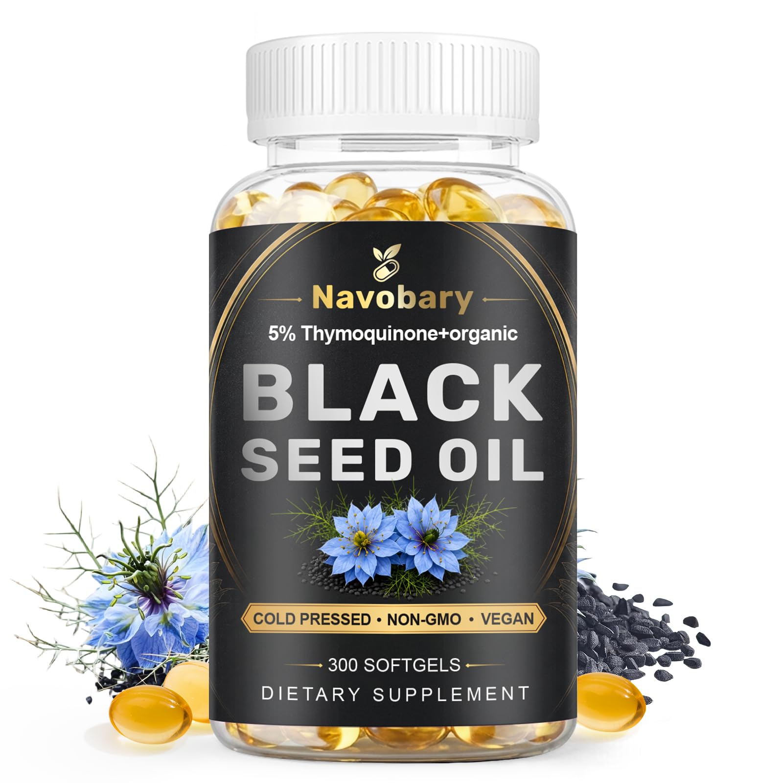 Navobary Black Seed Oil 500mg 5% Thymoquinone Softgels 300 Count