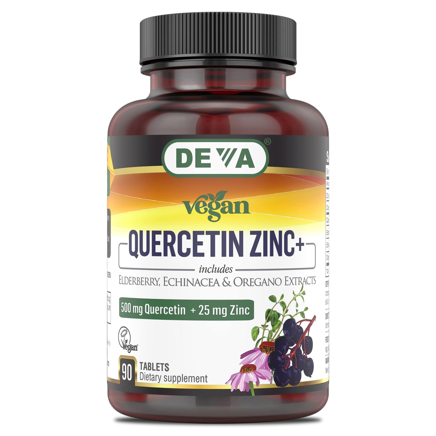 DEVA Vegan Quercetin 500mg Plus 25mg Zinc with Elderberry, Echinacea and Oregano Extracts Tablets, 90 Count