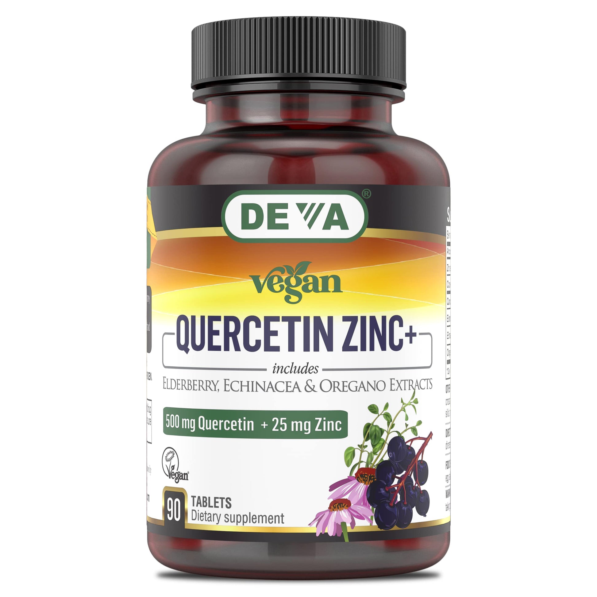 DEVA Vegan Quercetin 500mg Plus 25mg Zinc with Elderberry, Echinacea and Oregano Extracts Tablets, 90 Count