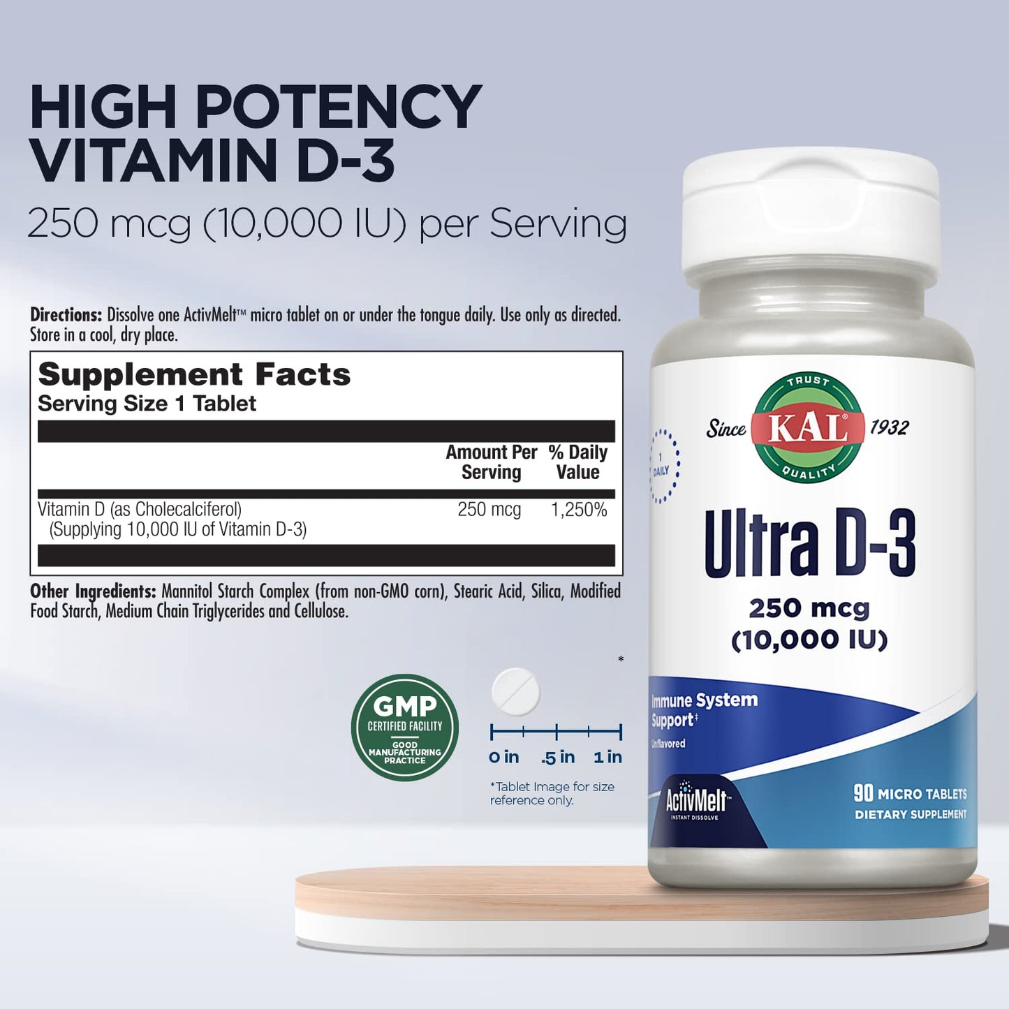 KAL Ultra Vitamin D3 250 mcg (10000 IU) High Potency Vitamin D Tablets, 90 Count