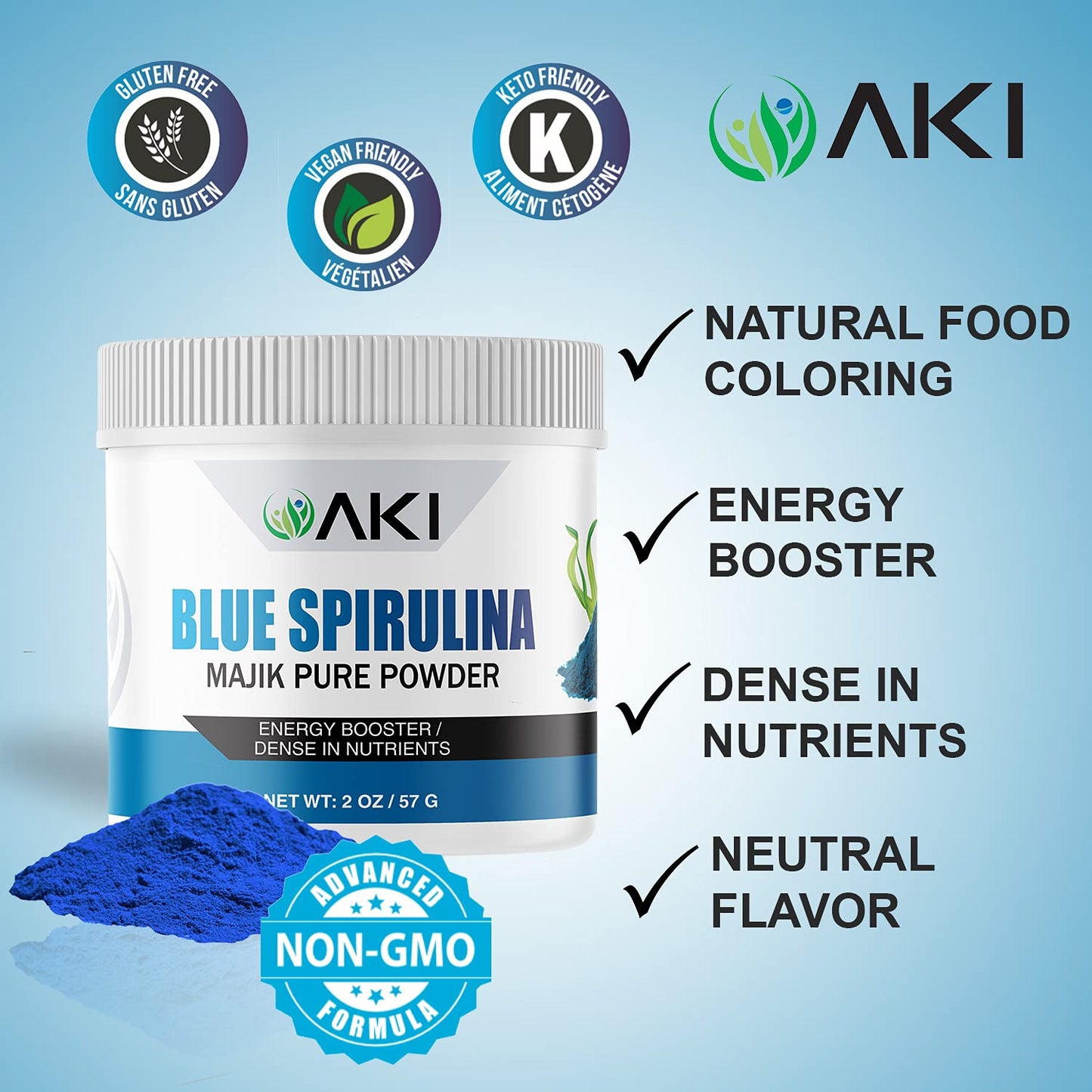 AKI ORGANIC E18 Grade Blue Spirulina Powder 2 oz