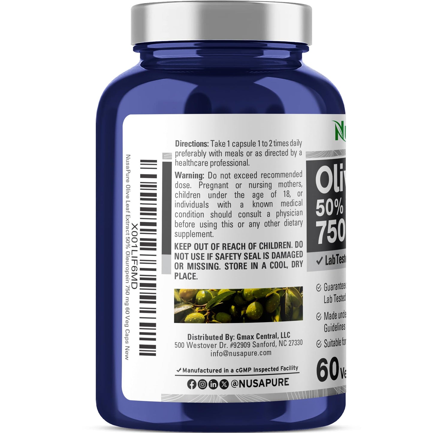 NusaPure Olive Leaf Extract 750 mg - 50% Oleuropein, 60 Capsules
