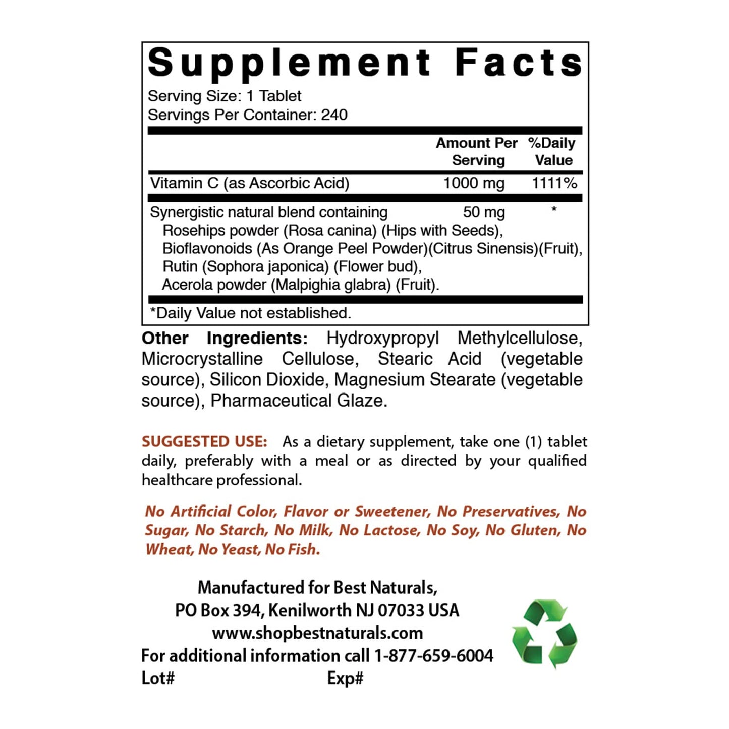 Best Naturals L-Lysine 500 mg & Vitamin C 1000 mg Tablet, 240 Tablets