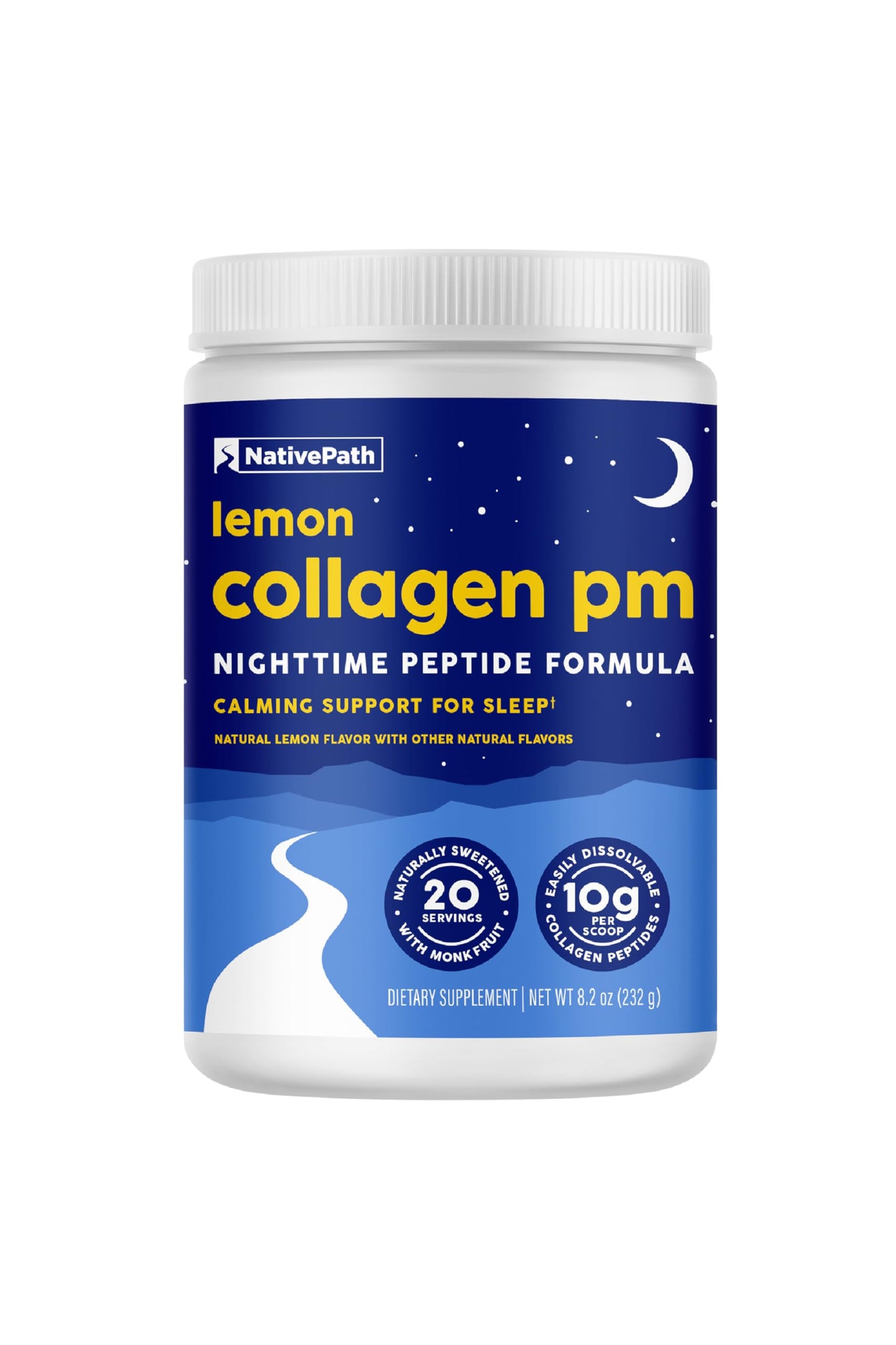 NativePath Collagen PM Sleep Powder Lemon - Melatonin, Magnesium, GABA & L-Theanine with 10g Grass-Fed Collagen - 20 Servings, Nighttime Recovery Drink, 8.2 Ounce