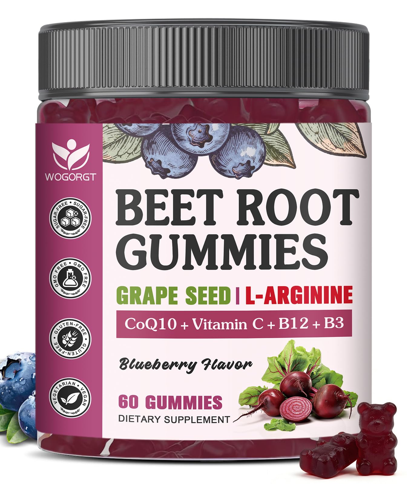 WOGORGT Beet Root Gummies Nitric Oxide Booster Sugar Free, 60 Count