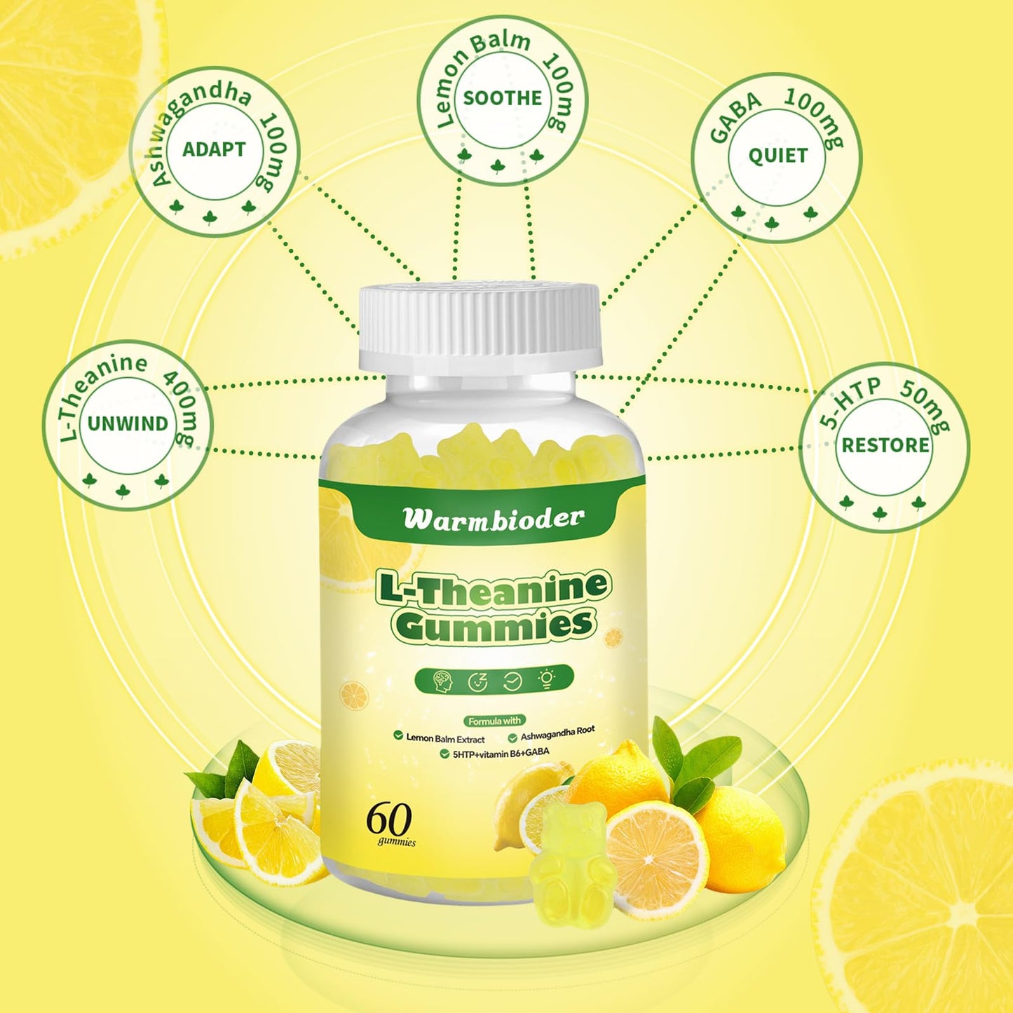 Warmbioder L-Theanine Gummies with Ashwagandha, GABA & 5-HTP, Lemon Flavor, 60 Gummies