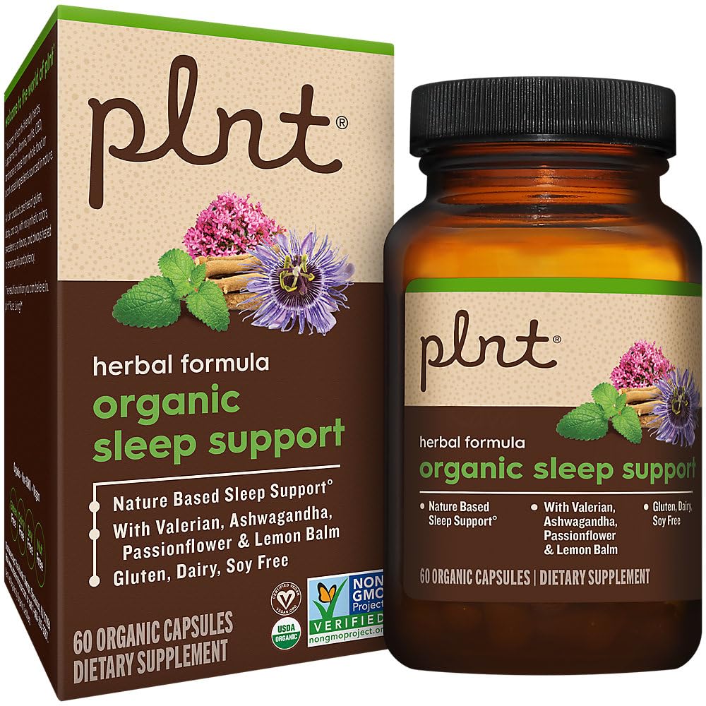 plnt Organic Sleep Support with Ashwagandha, Passionflower, and Lemon Balm Vegetarian Capsules, 60 Capsules