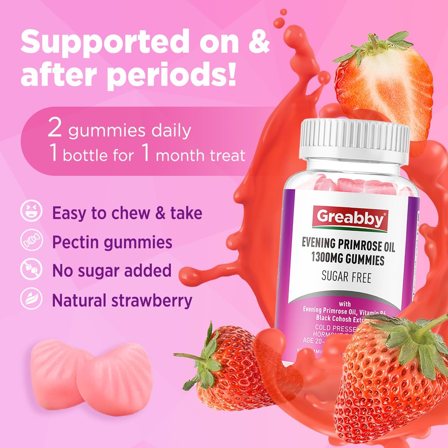 GREABBY Evening Primrose Oil Gummies 1300mg with Black Cohosh & Vitamin B6, 120 Gummies