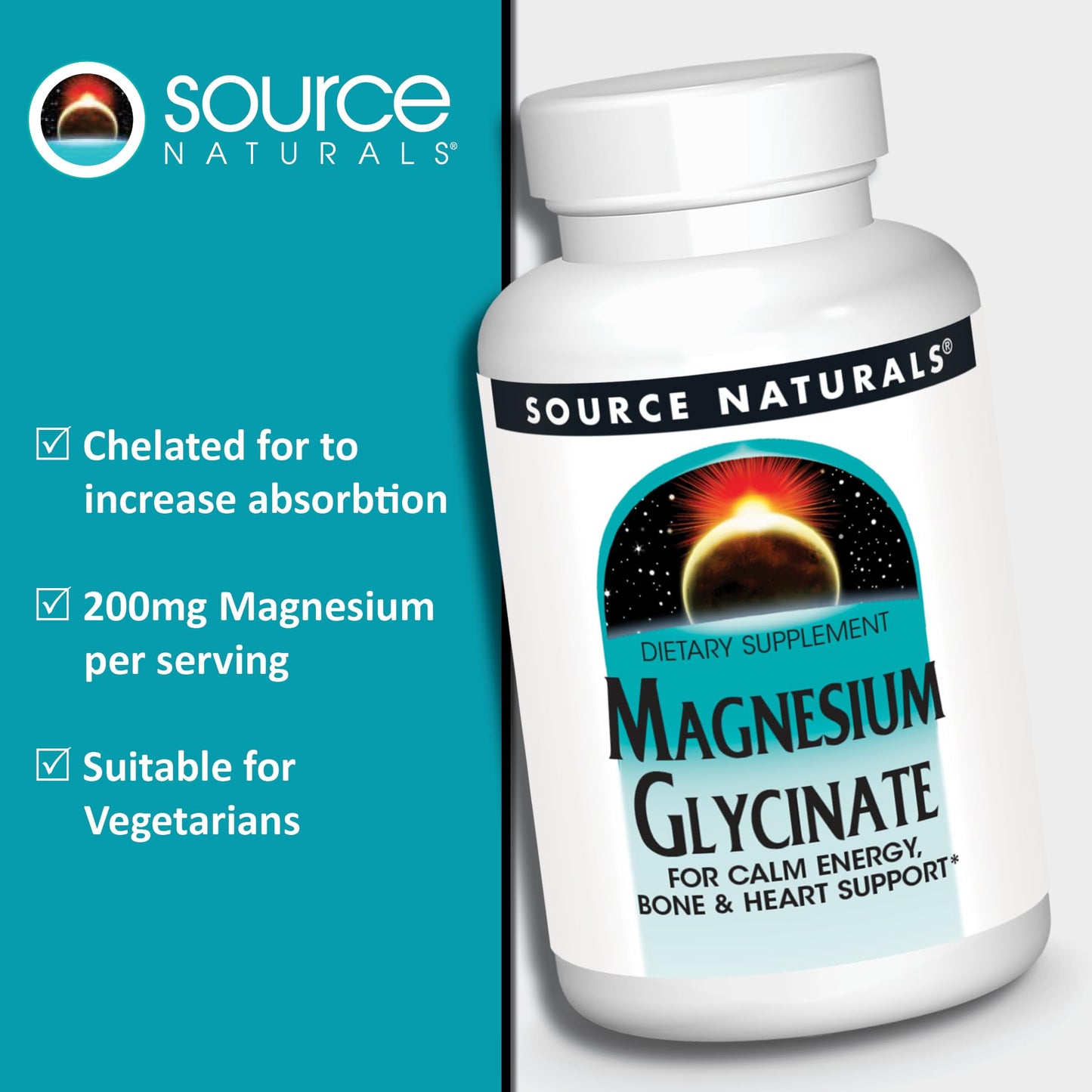 Source Naturals Magnesium Glycinate, Chelated for High Absorption for Calm Energy, Bone & Heart Support*, 200 mg per Serving, 120 Tablets