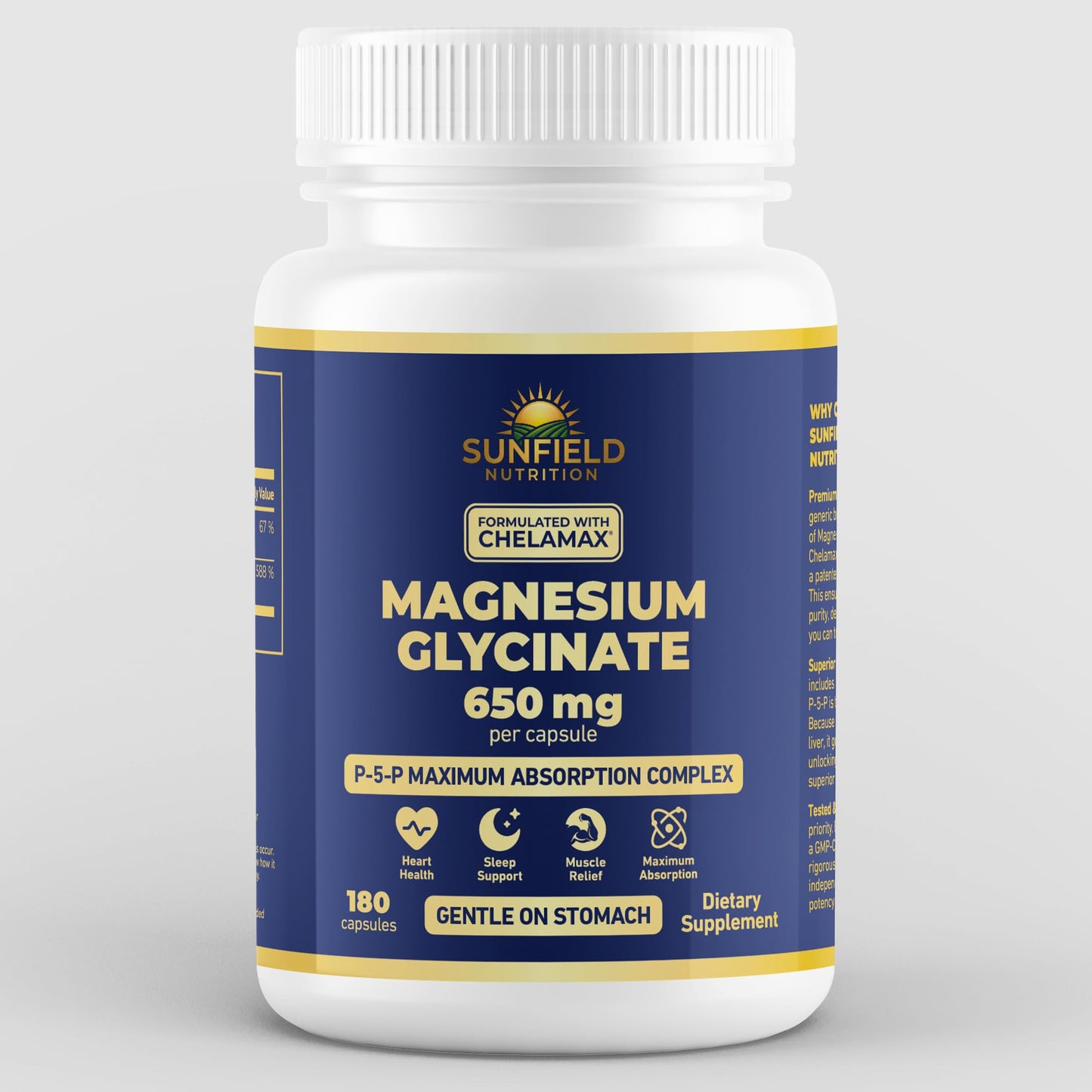 Sunfield Nutrition Magnesium Glycinate 650 mg – Extra Strength Chelamax High Absorption Formula with P-5-P – Supports Deep Sleep & Muscle Relaxation – Gentle on Stomach – 180 Capsules