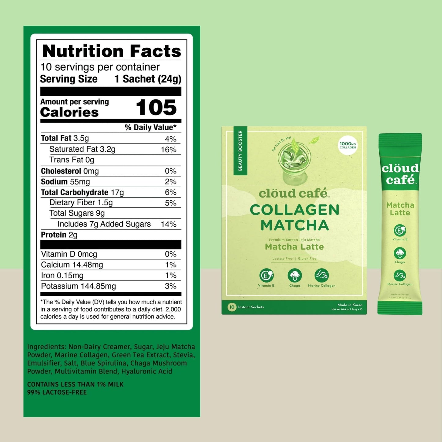 Clöud Café Collagen Infused Matcha Latte Powder 10 Sachets