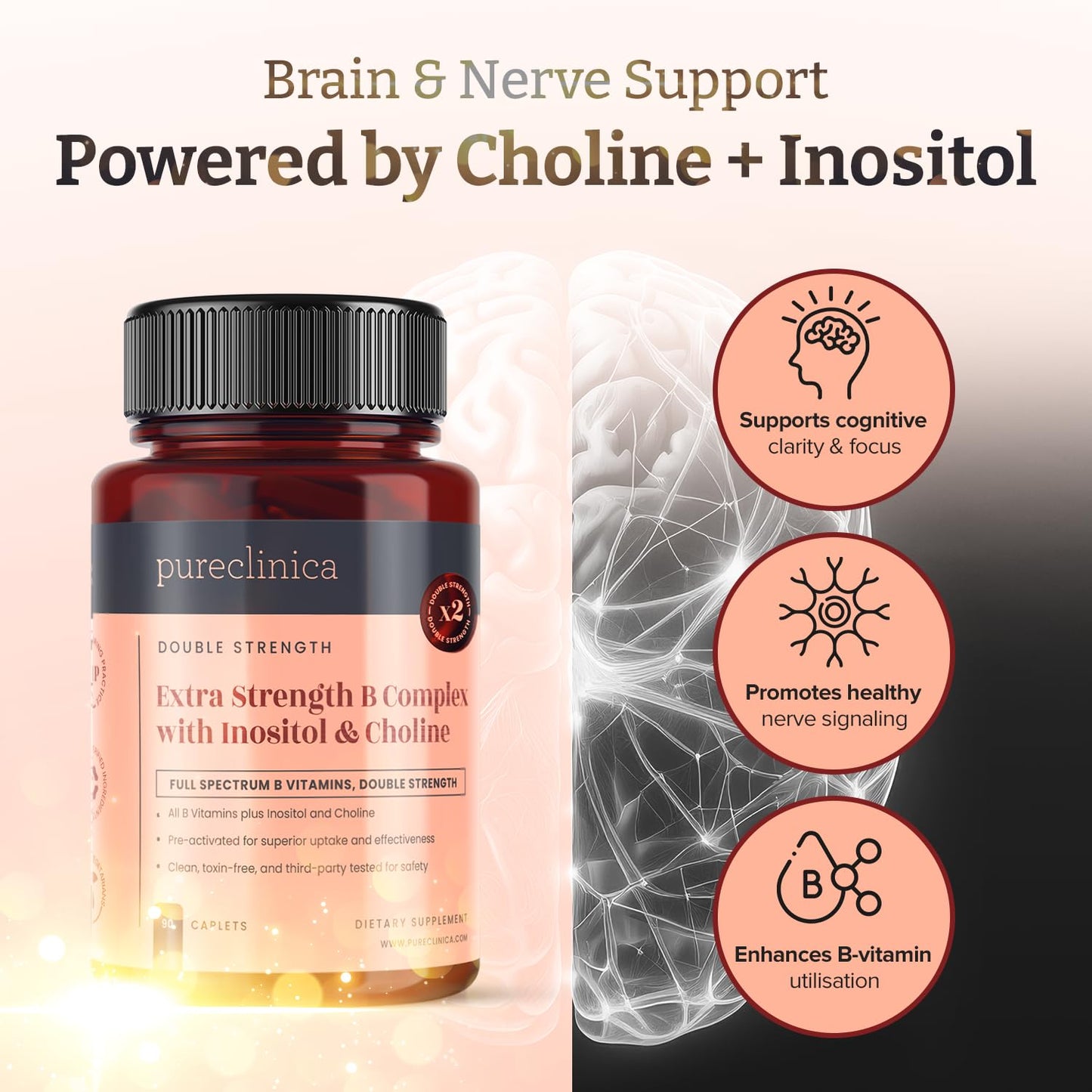 pureclinica Extra Strength B Complex with Inositol & Choline Caplets 90 Count