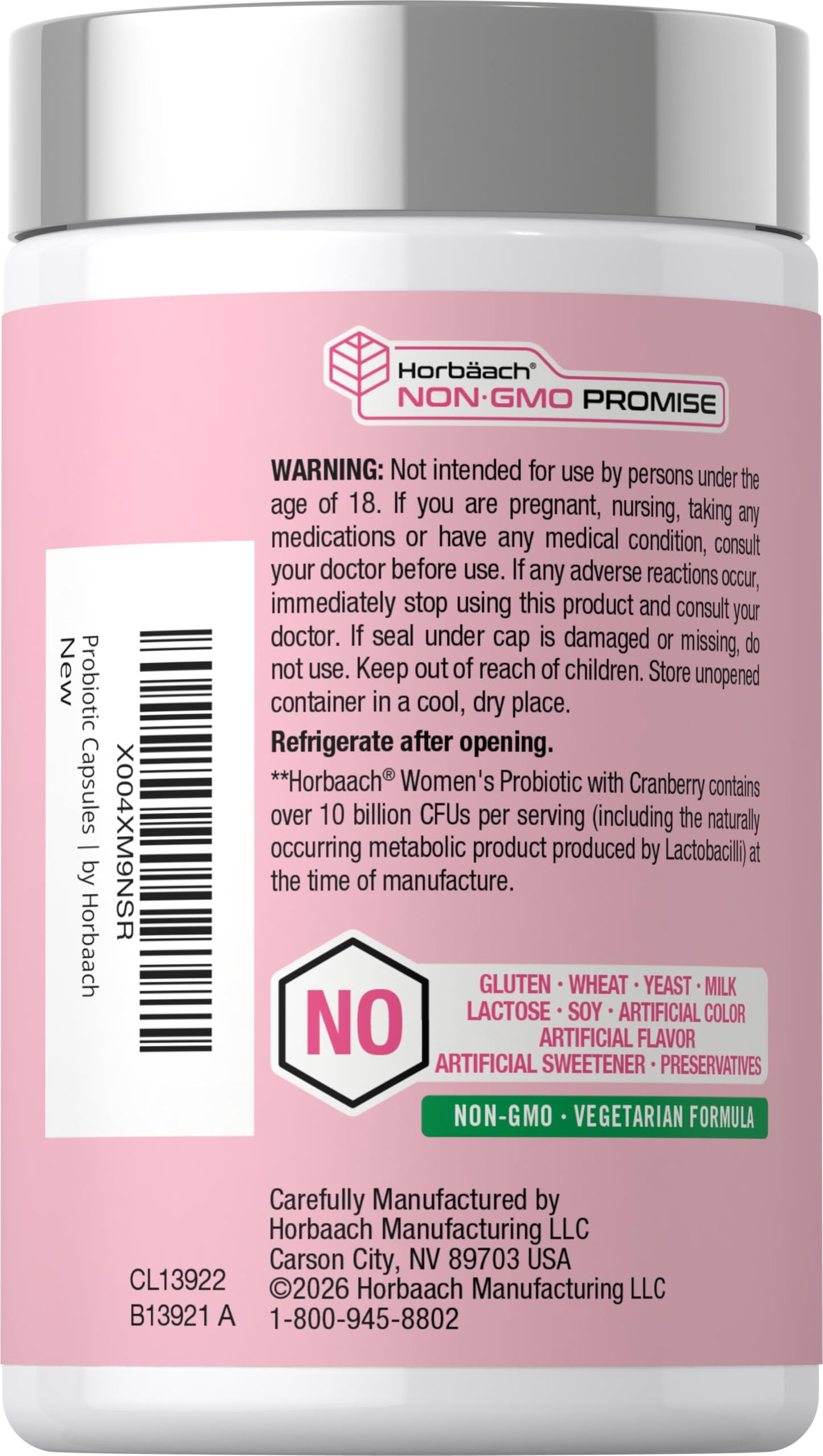 Horbäach Women's Probiotic with Cranberry Supplement Capsules 90 Count