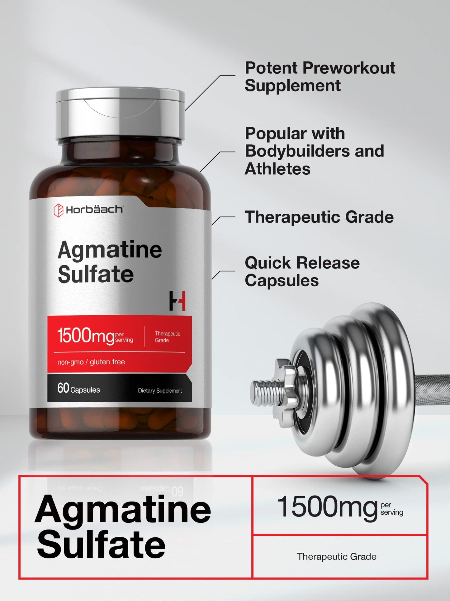Horbäach Agmatine Sulfate Capsules 1500mg, 60 Count