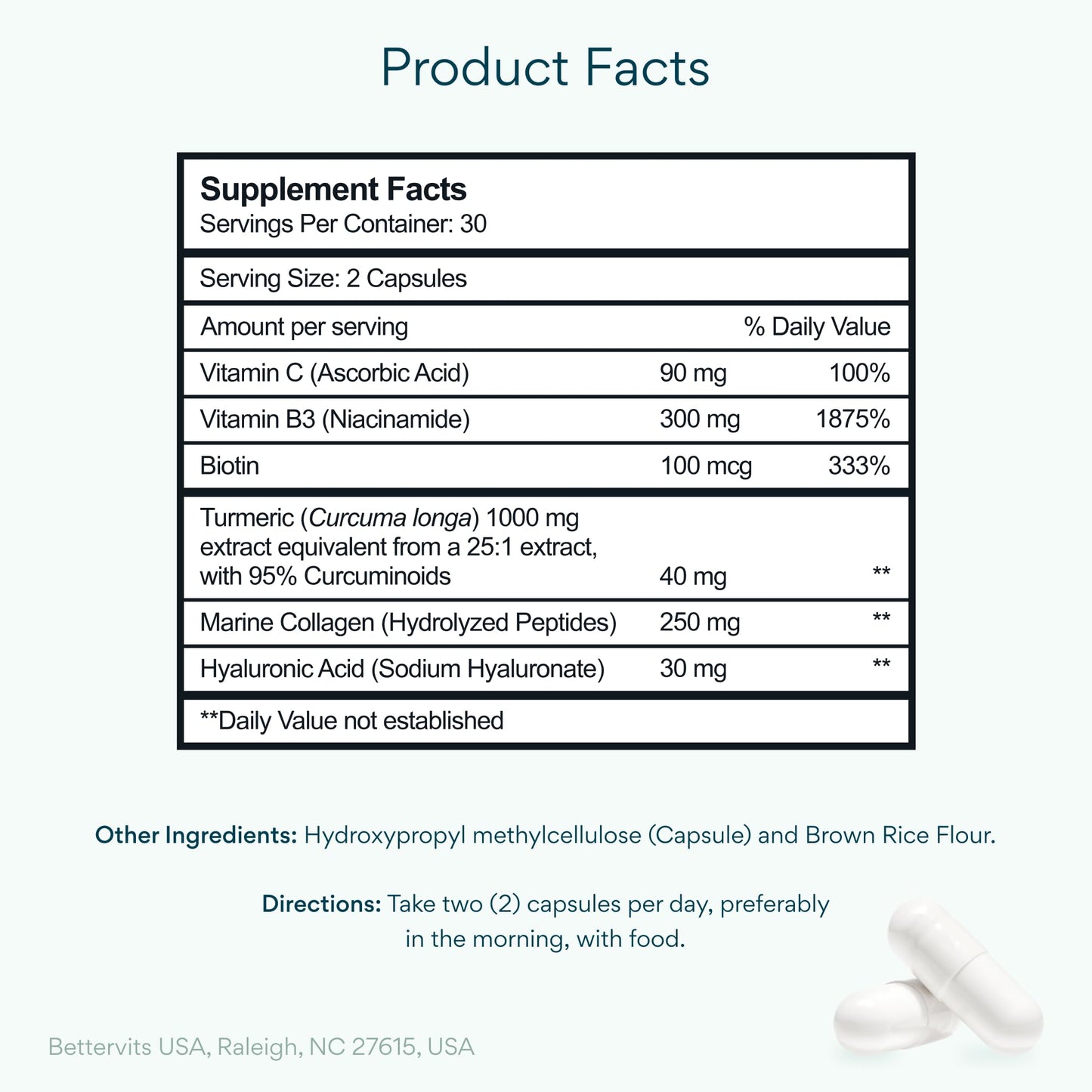 Bettervits Niacinamide Vitamin B3 Capsule 300 mg with Marine Collagen & Hyaluronic Acid, High-Strength B3 Capsules with Turmeric, 60 Capsules