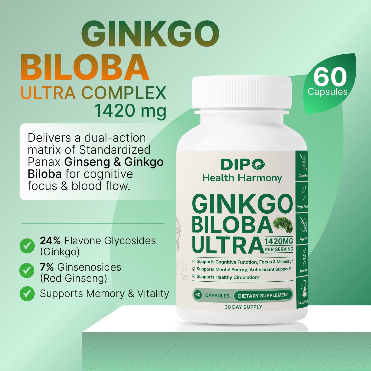 DIPO HEALTH HARMONY Ginkgo Biloba Ultra Extra Strength Capsules, 60 Count